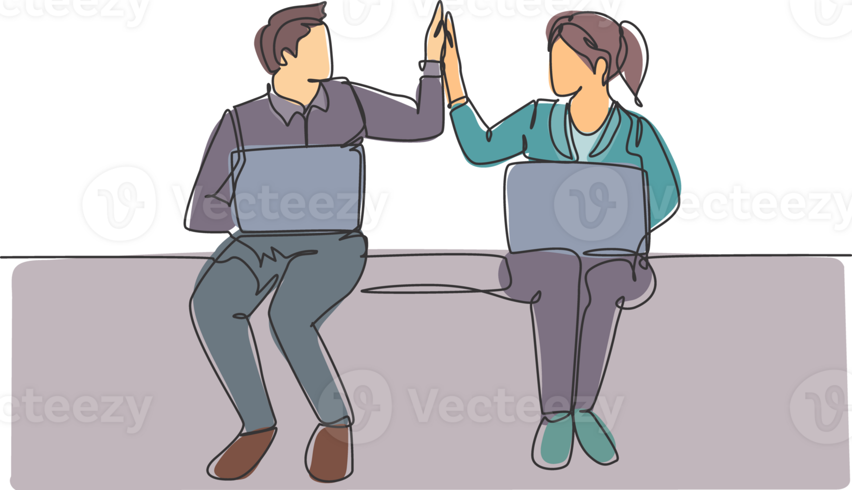 One line drawing of young happy couple business man and business woman opening their laptop and giving high five gestures. Business teamwork concept. Continuous line draw design illustration png