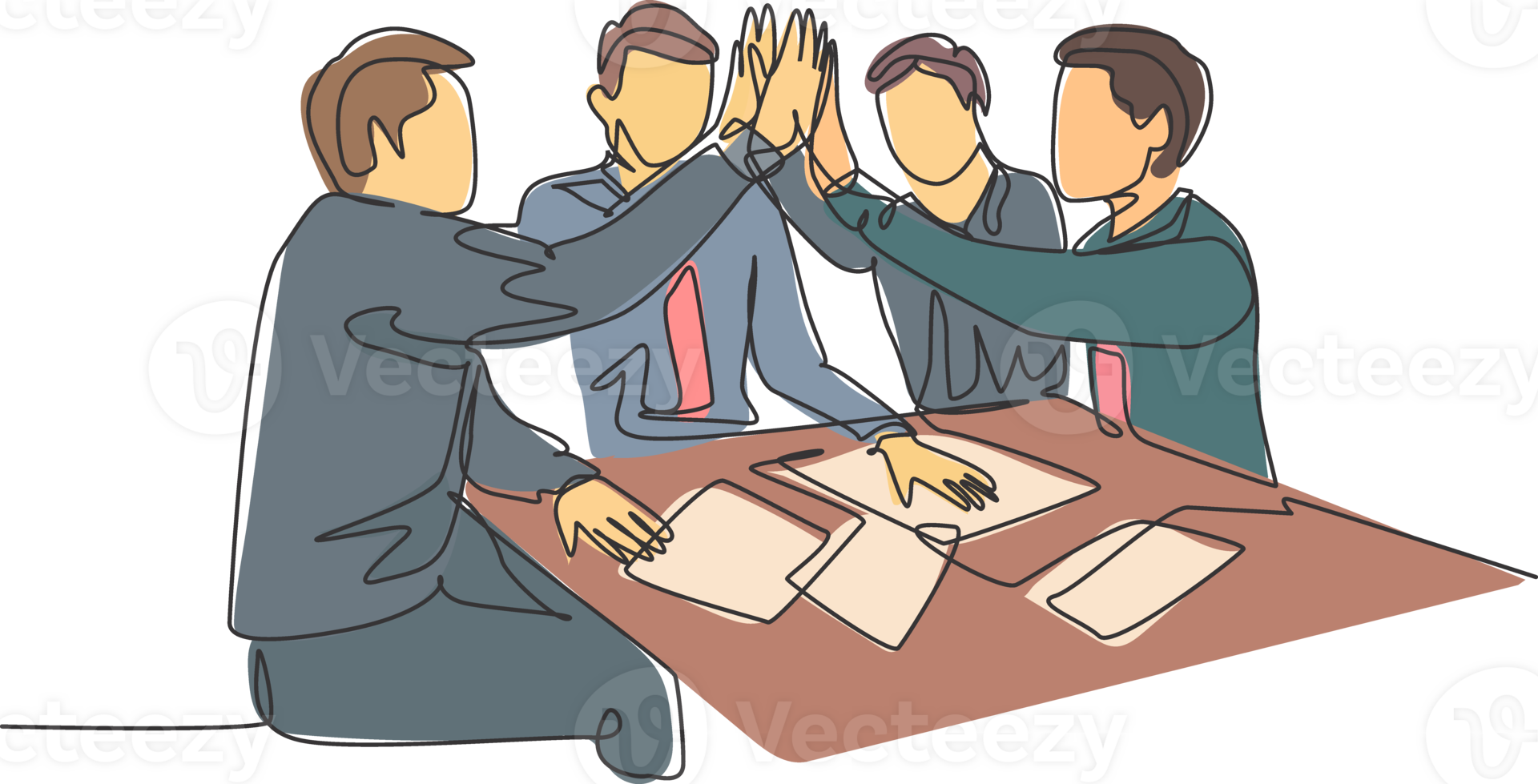 One line drawing of young businessmen and businesswomen celebrating their successive goal at the business meeting with high five gesture. Business deal concept continuous line draw design illustration png