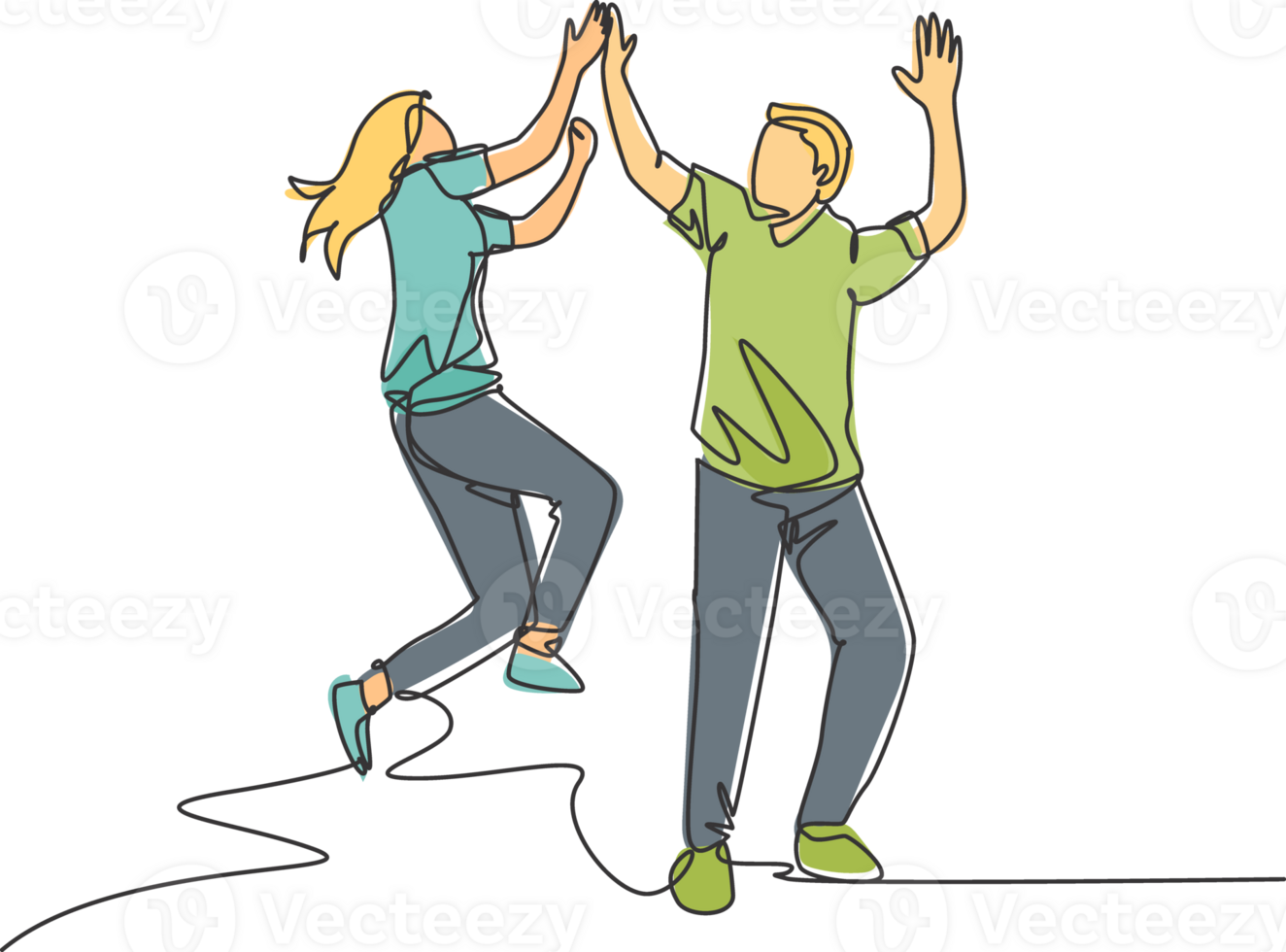Single line drawing of young happy couple male and female so happy and jumping give high five gesture together. Business teamwork concept. Continuous line draw design graphic illustration png