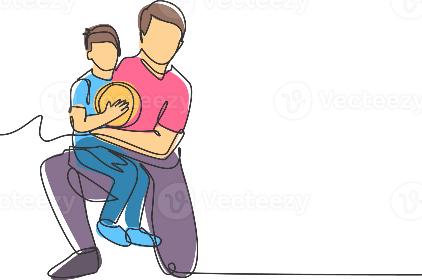 Single line drawing of young happy father hugging her child that carried a basketball on basketball court. Parenting family concept. Modern continuous line draw design graphic illustration png