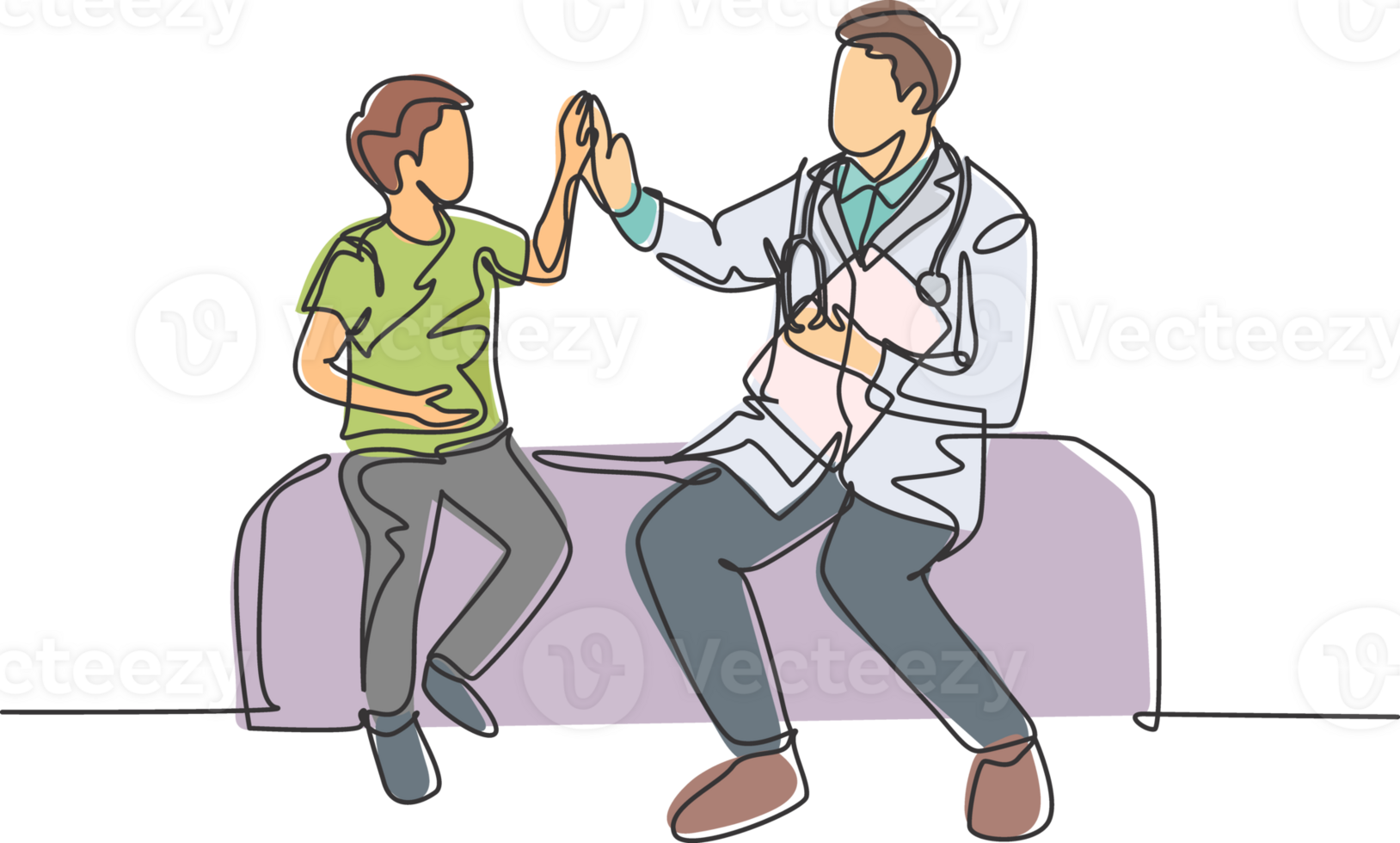 Single line drawing of young happy male doctor checking up sick patient boy and give high five gesture. Medical healthcare service treatment concept. Continuous line draw design illustration png