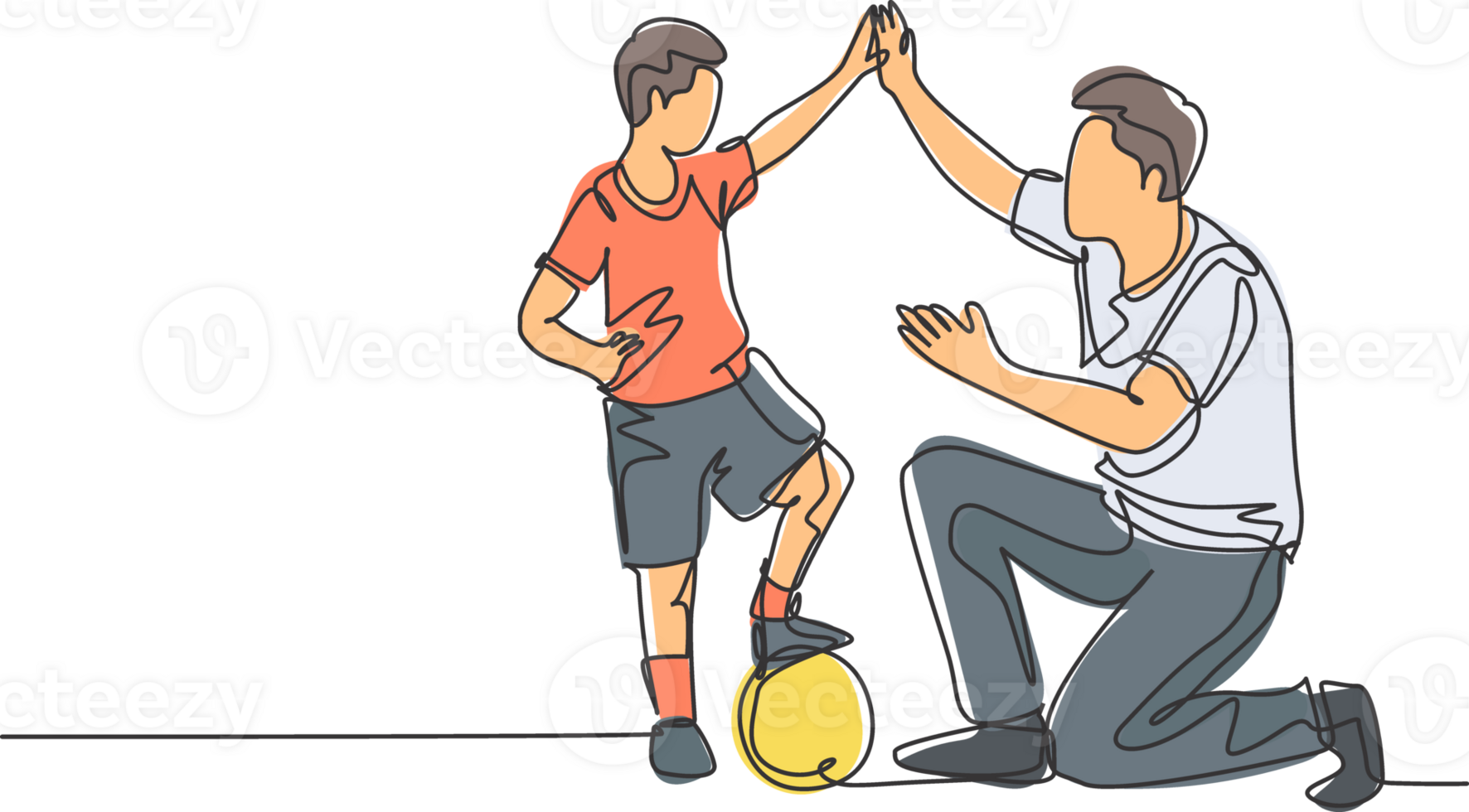 One line drawing of young happy father bow his body to give high five gesture to his boy while playing soccer on football court. Parenting concept. Continuous line draw design illustration png