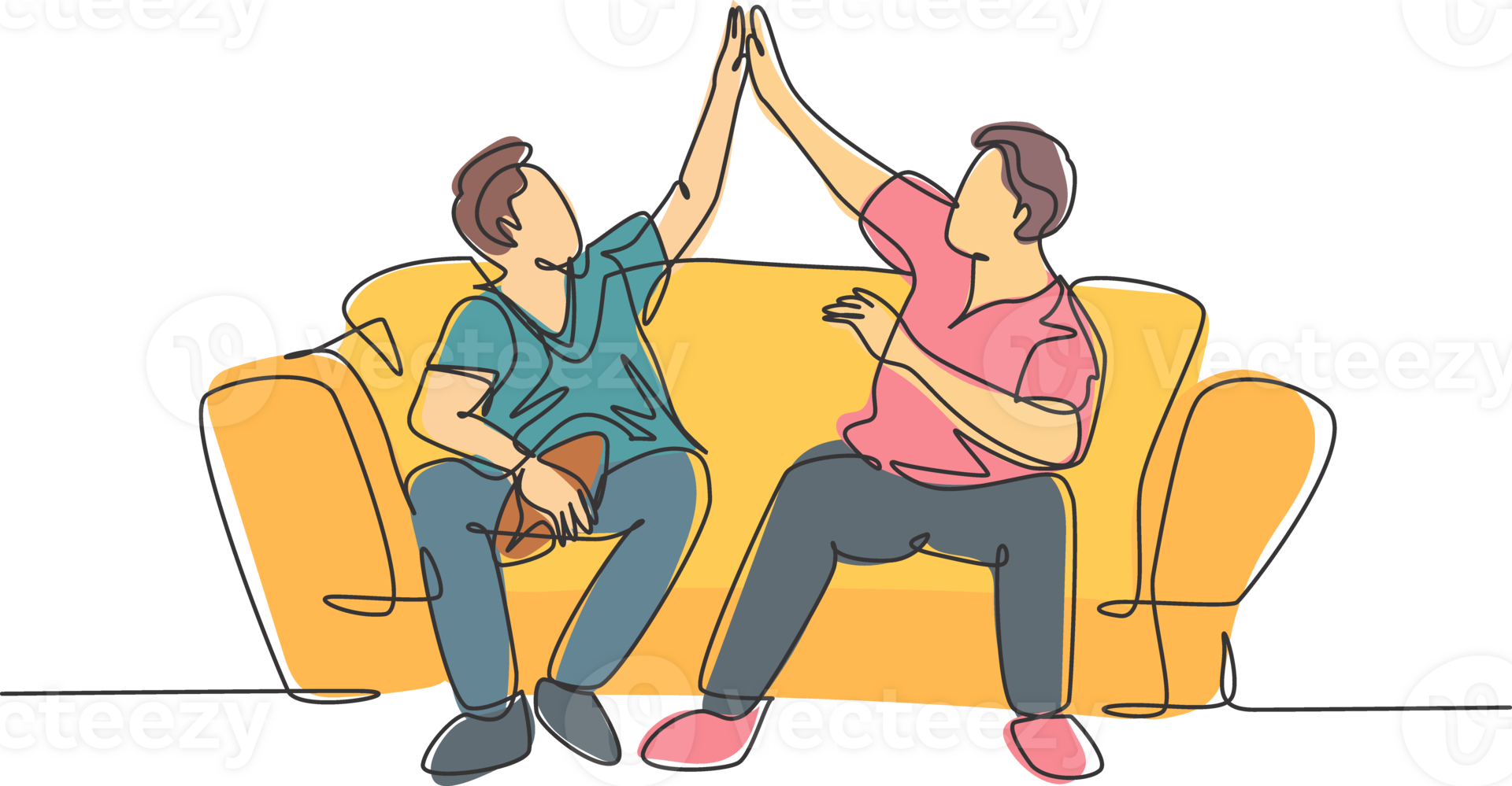 One single line drawing of fans siting on sofa watching their favorite