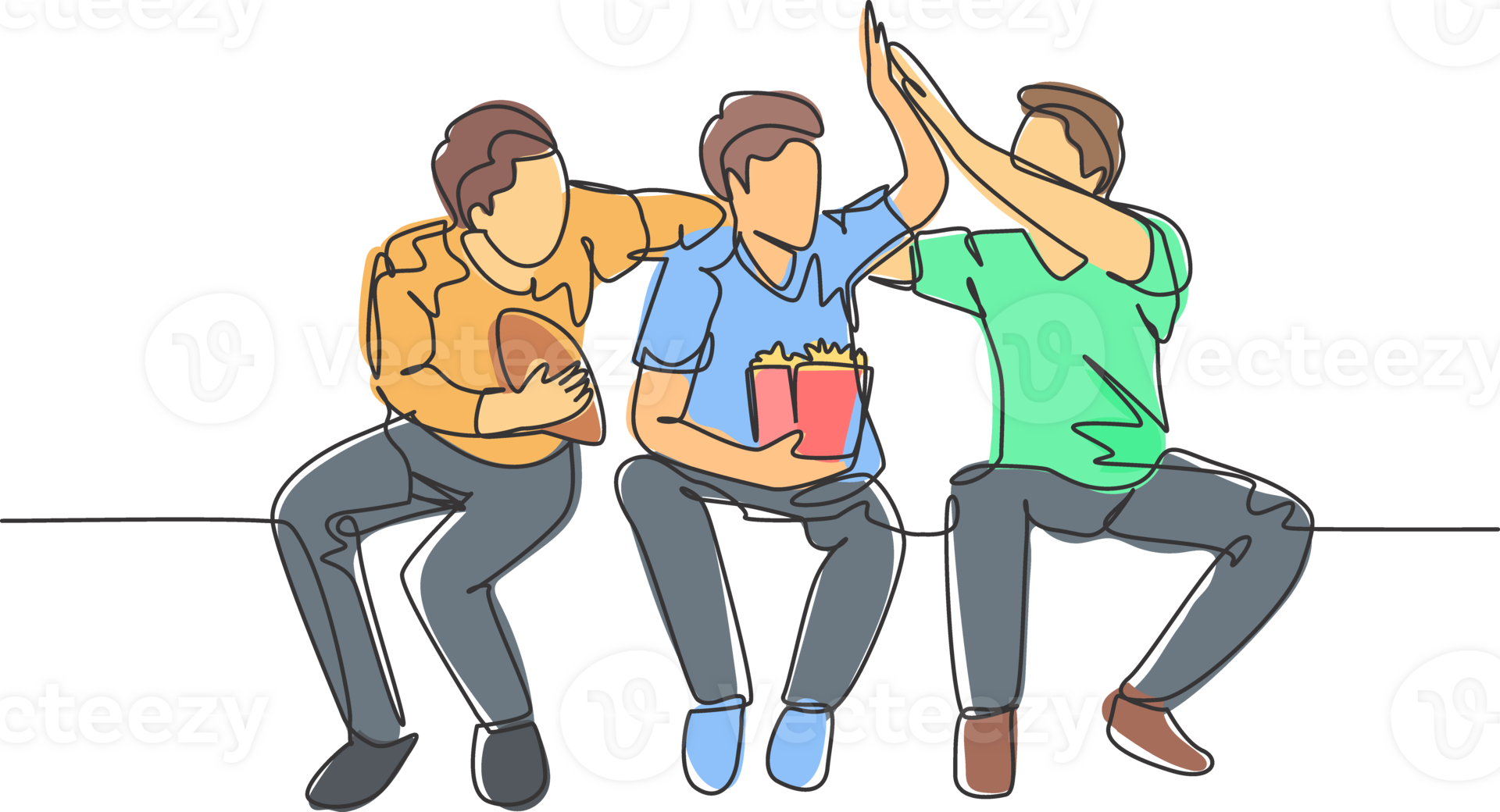 One single line drawing of young happy fans siting on sofa and watching