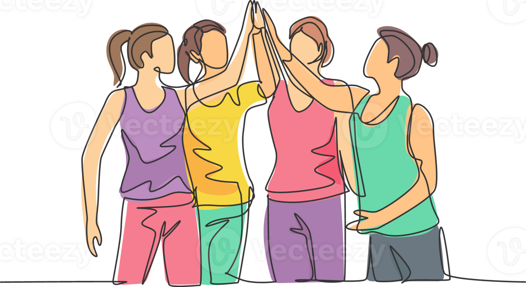 One line drawing of group of young happy women giving high five gestures after doing some aerobics exercise at gymnasium together. Fitness concept continuous line draw design illustration png
