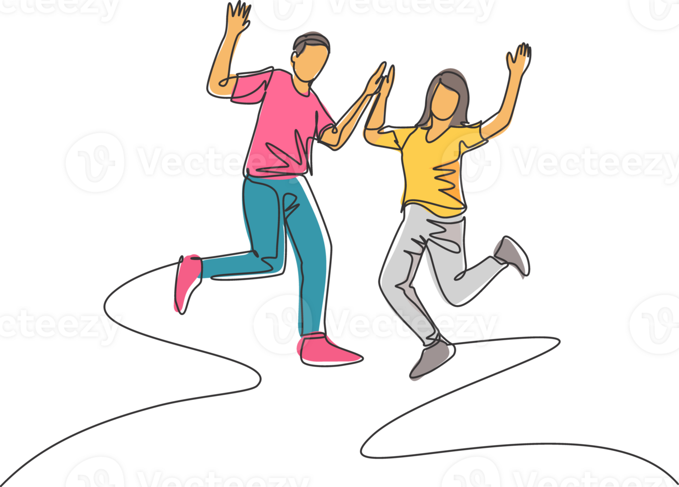 Single line drawing of young happy student couple jumping to celebrate their final exam result graduation together. Campus life education concept. Continuous line draw design illustration png