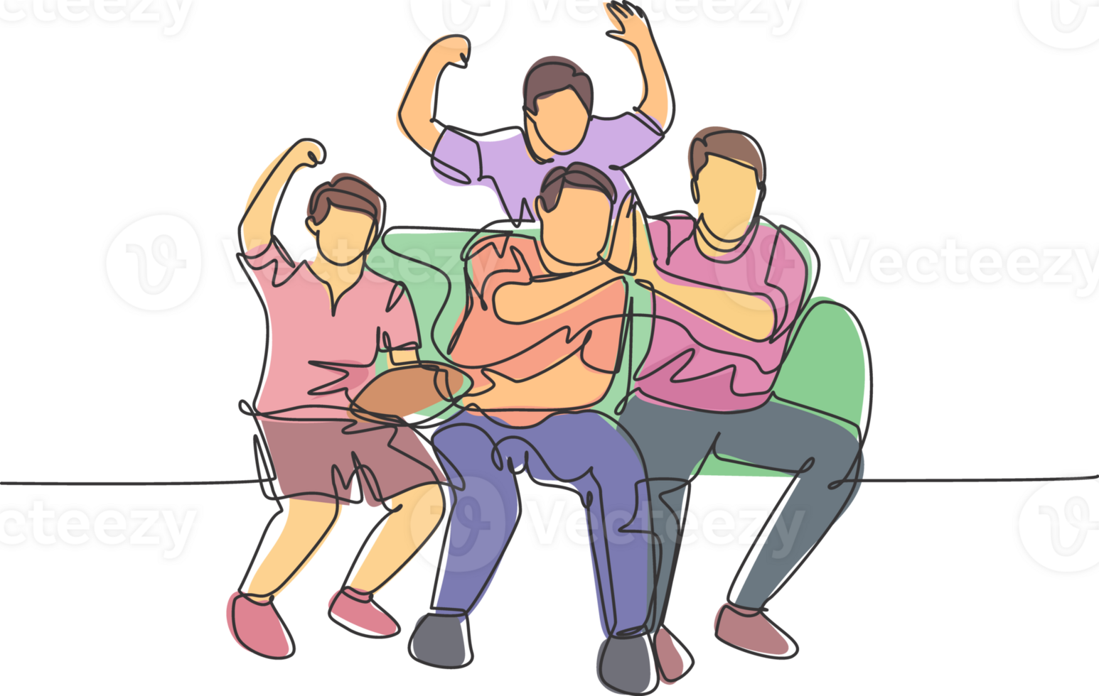 One single line drawing of young happy group fans siting on sofa and watching their favorite club playing the match on the television. Fans club concept continuous line draw design illustration png