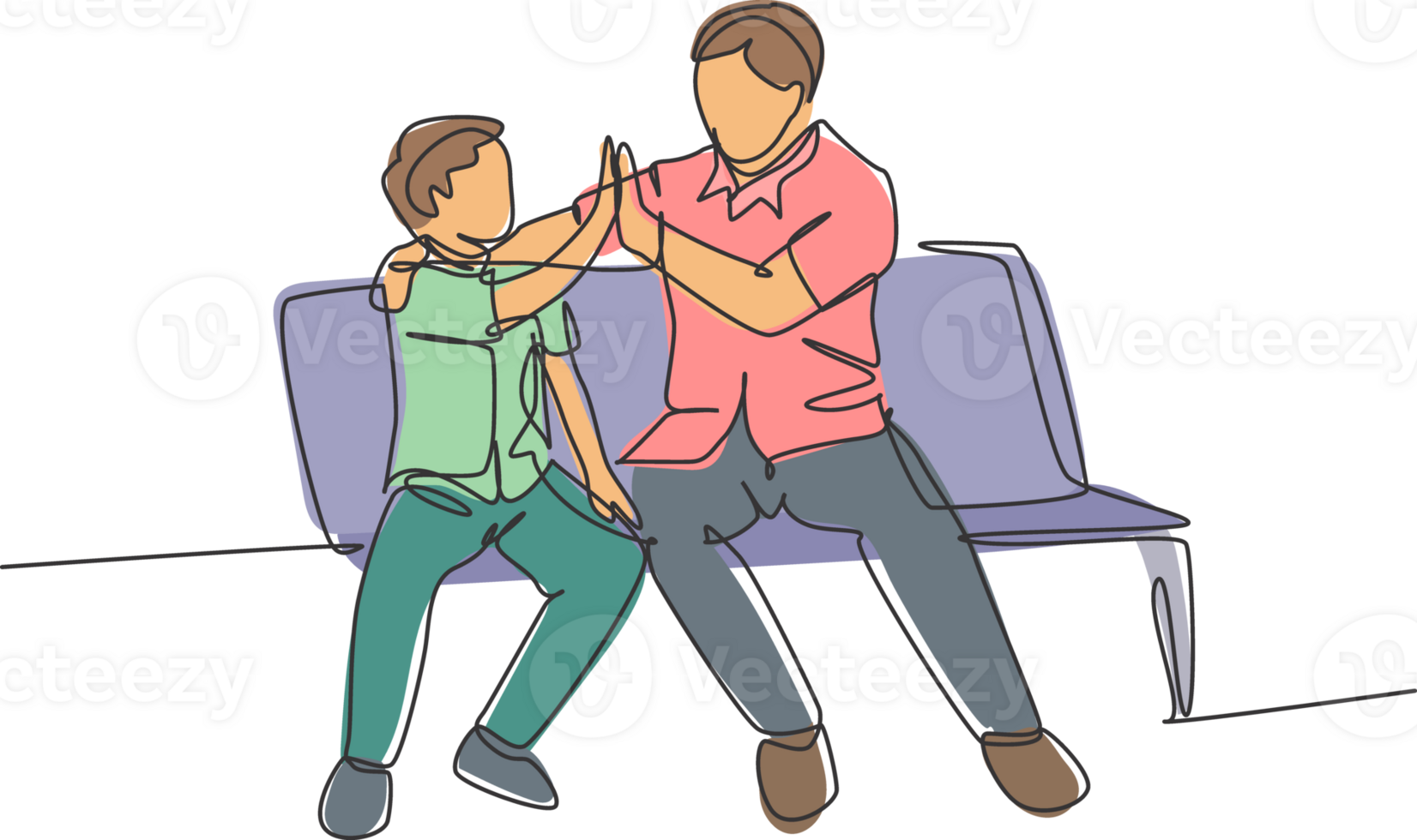 Single line drawing of young happy father sitting relax on wood bench next to his kid and giving high fives gesture. Parenting family concept. Continuous line draw design graphic illustration png