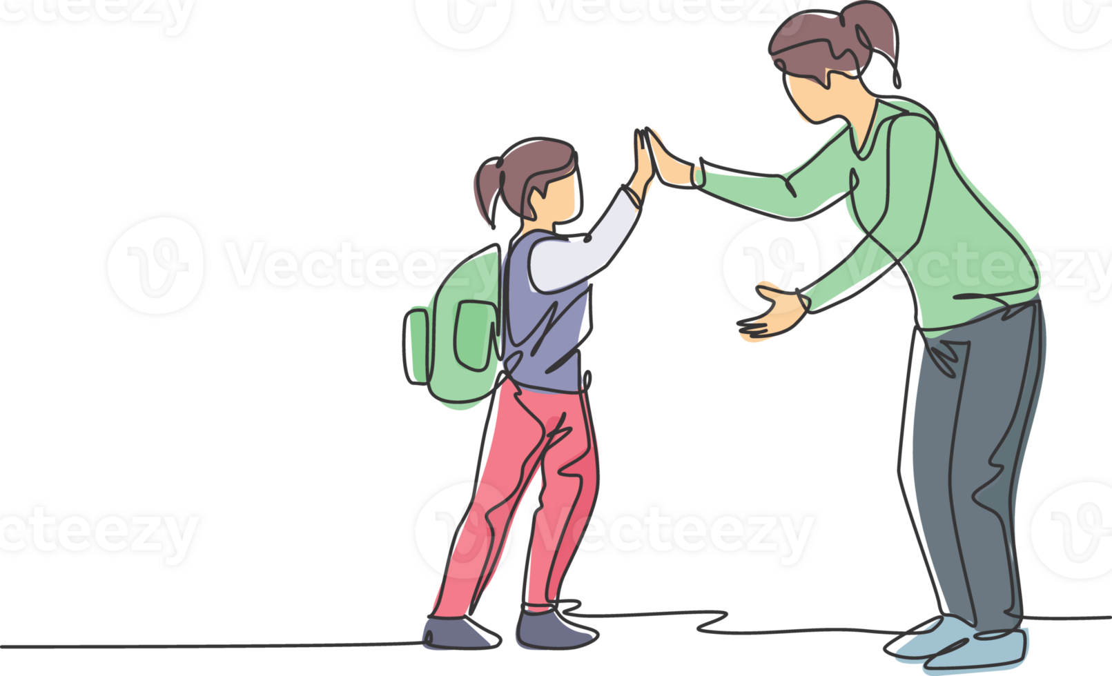 One line drawing of female teacher meet one of her student at school and giving high five gesture. School education activity concept. Continuous line draw design graphic illustration png