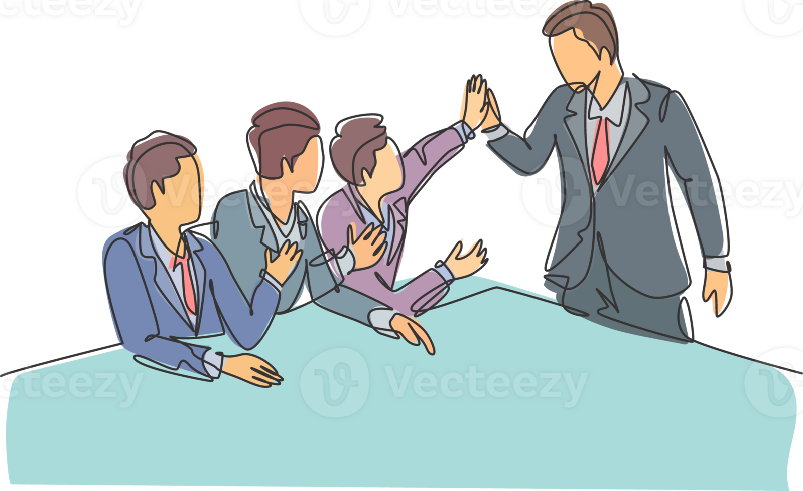 One line drawing group of businessmen celebrating their successive goal at the business meeting with high five gesture. Business deal concept continuous line graphic draw design illustration png