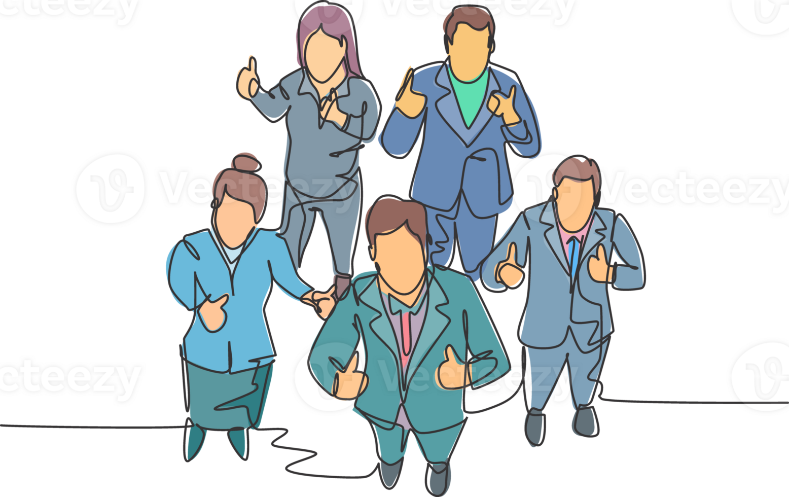 One line drawing of group of businessmen and businesswoman giving thumbs up gesture from top view. Business meeting and teamwork concept. Continuous line draw design illustration png