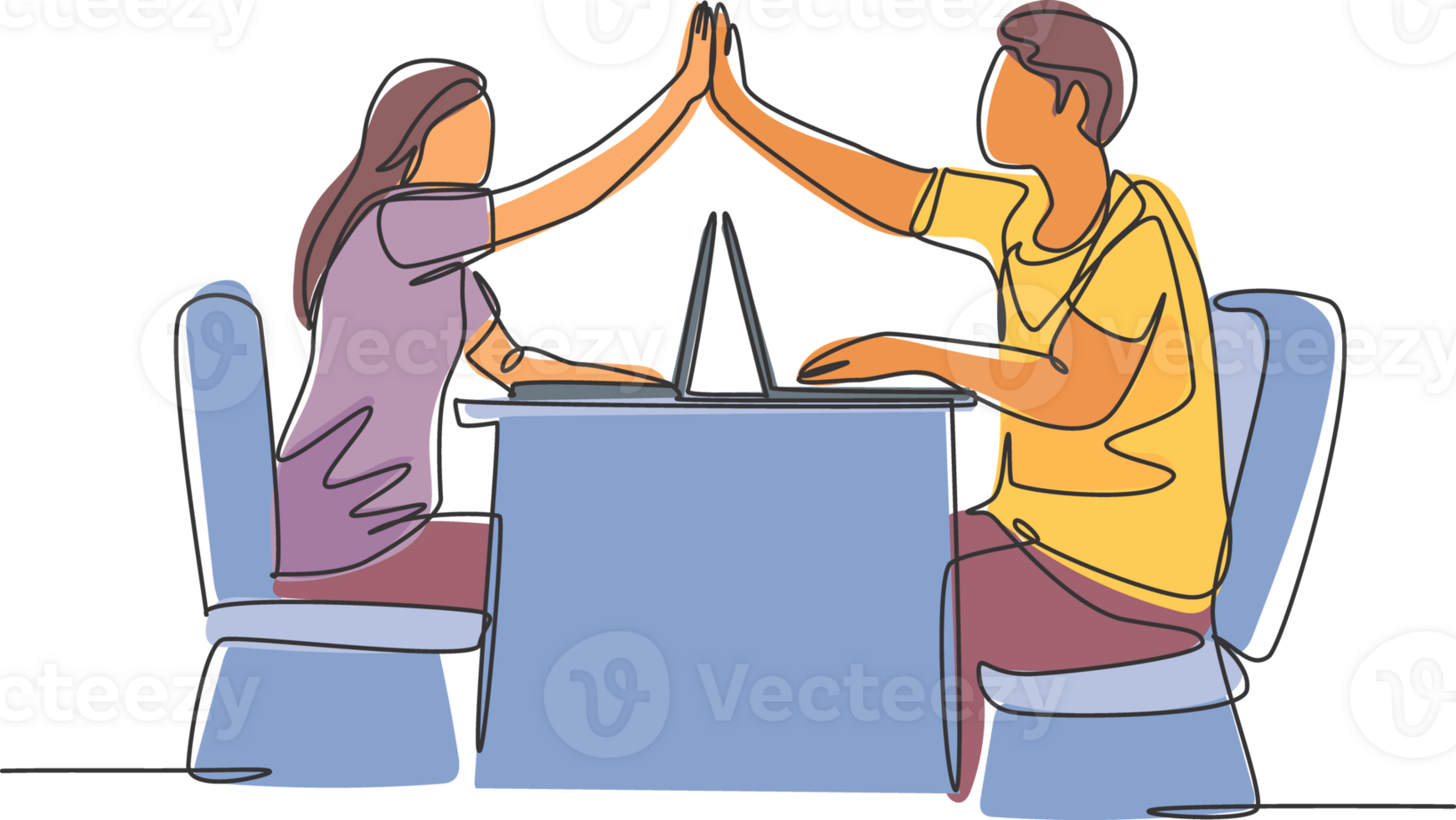 One line drawing of two young happy couple man and woman work at cafe and giving high five gesture to celebrate successful. Business deal concept continuous line draw design illustration png
