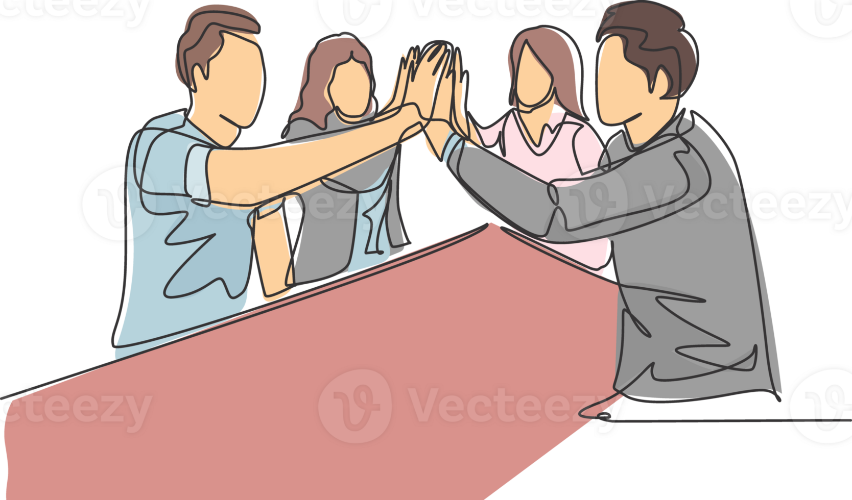 One line drawing of young businessmen and businesswomen celebrating their successive goal at the business meeting with high five gesture. Business deal concept continuous line draw design illustration png