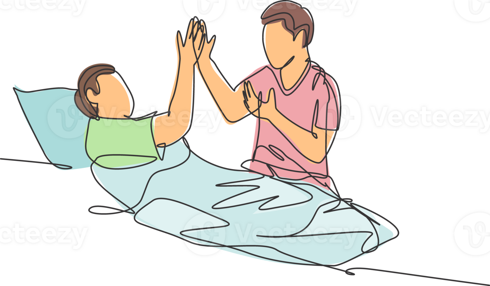 Single line drawing of son take care of his sick father at hospital and