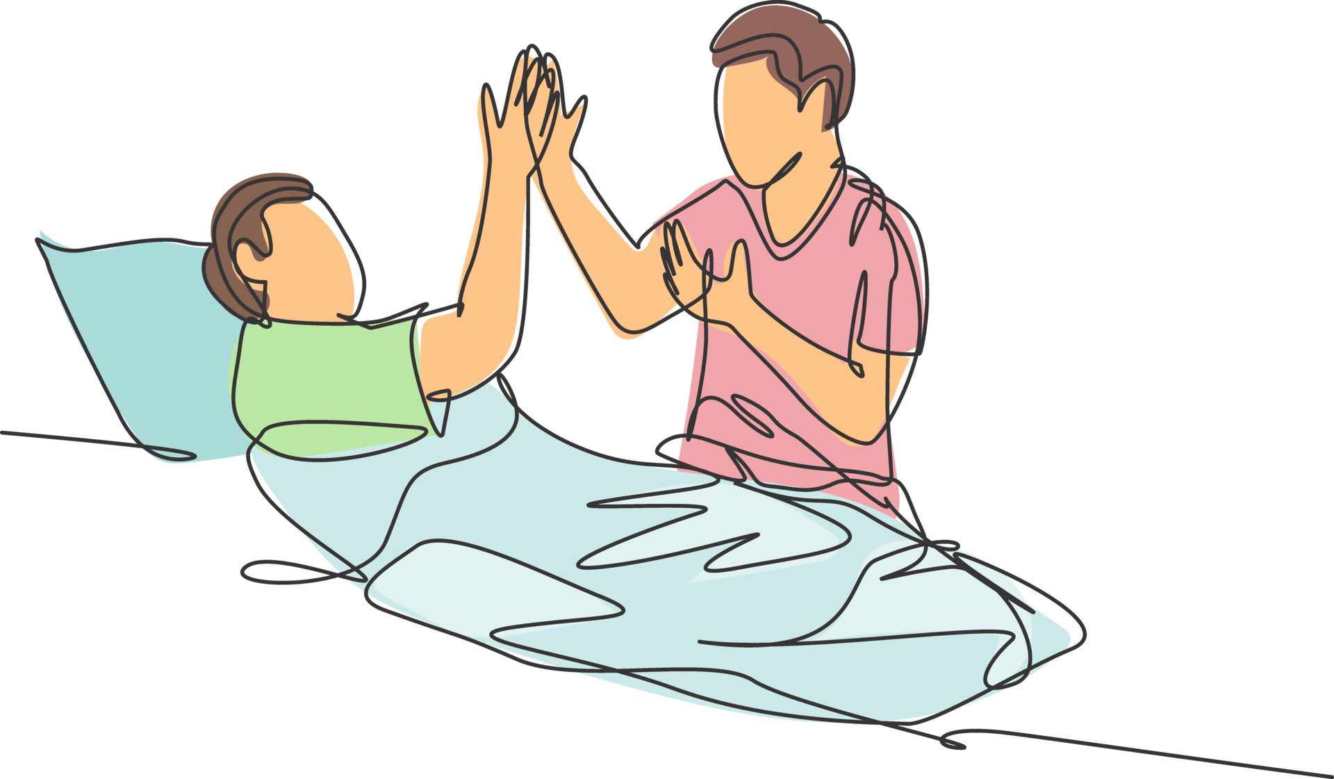 Single line drawing of son take care of his sick father at hospital and