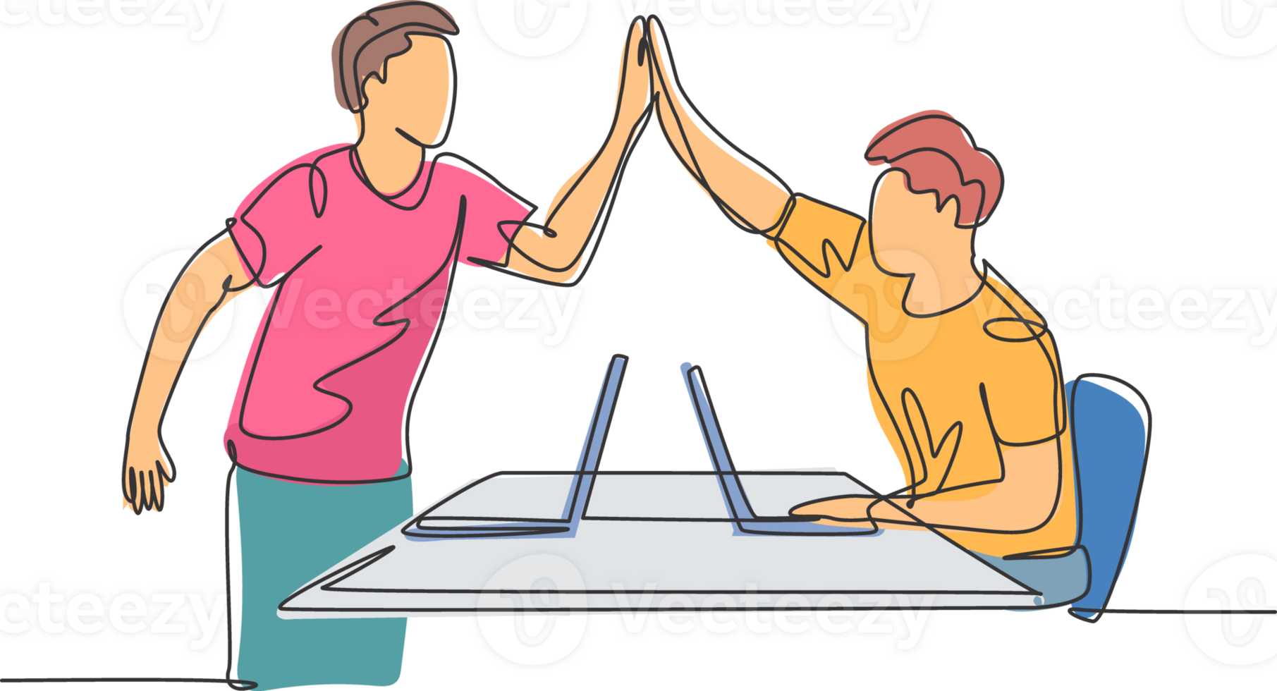 One line drawing of young happy start up founders celebrating their successive goal at the business meeting with high five gesture. Business deal concept continuous line draw design illustration png