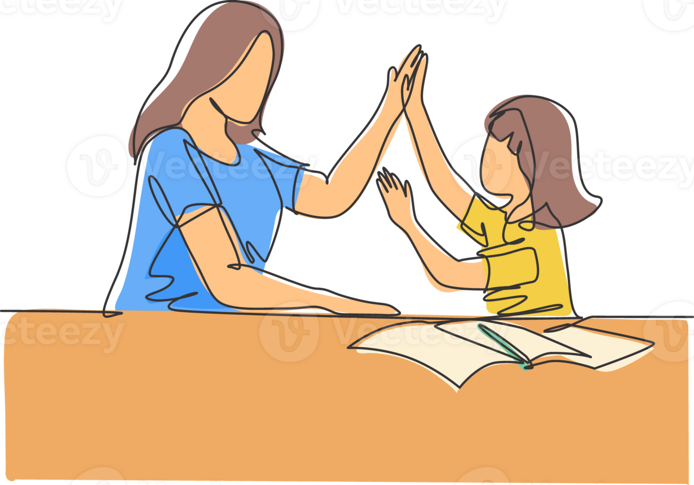 One line drawing of young happy mother accompany her daughter study studying and reading book while giving high five gesture. Parenting concept continuous line draw design graphic illustration png