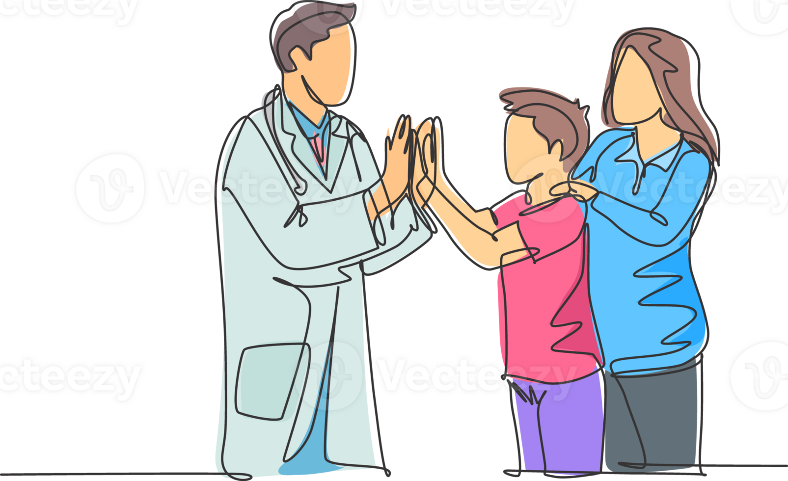 Célibataire ligne dessin de Jeune content Masculin médecin vérification en haut malade patient garçon et donnant haute cinq geste. médical soins de santé concept continu ligne dessiner conception graphique illustration png