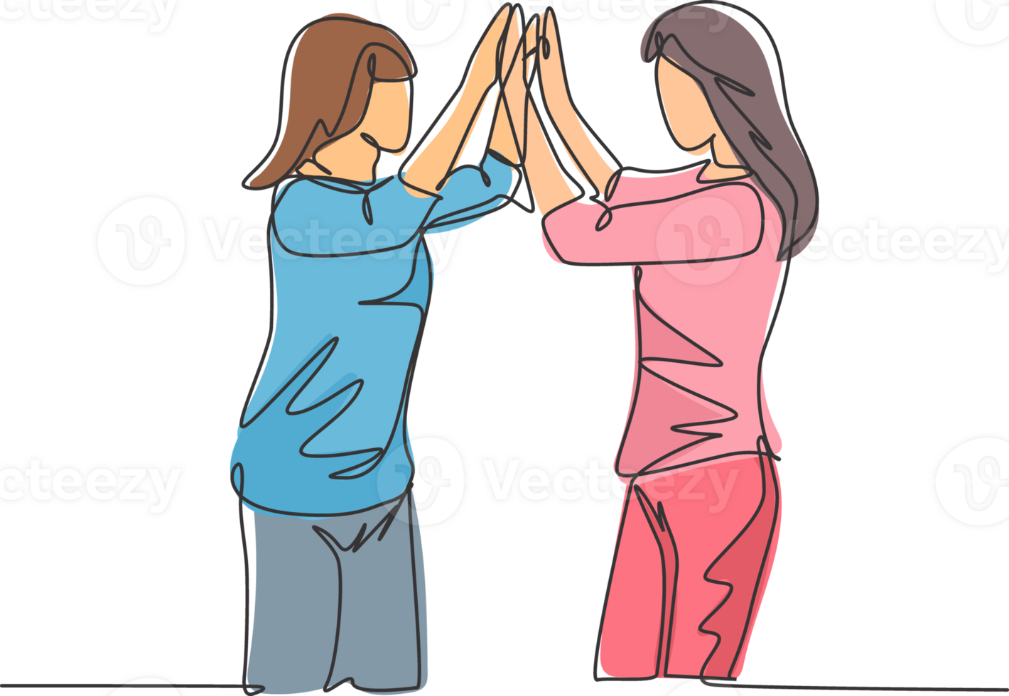 Single line drawing of two young happy women jumping and giving high five gesture to celebrate business successful. Friendship concept continuous line draw design graphic illustration png