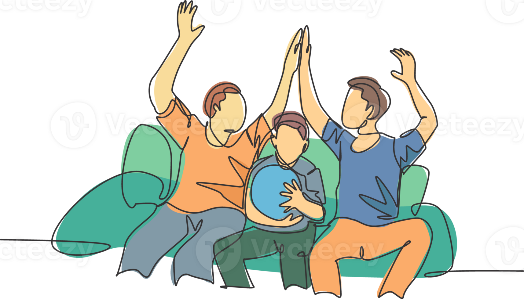 One line drawing of fans siting on sofa and watching their favorite club playing the match on television and giving high five gesture. Fans club concept continuous line draw design illustration png
