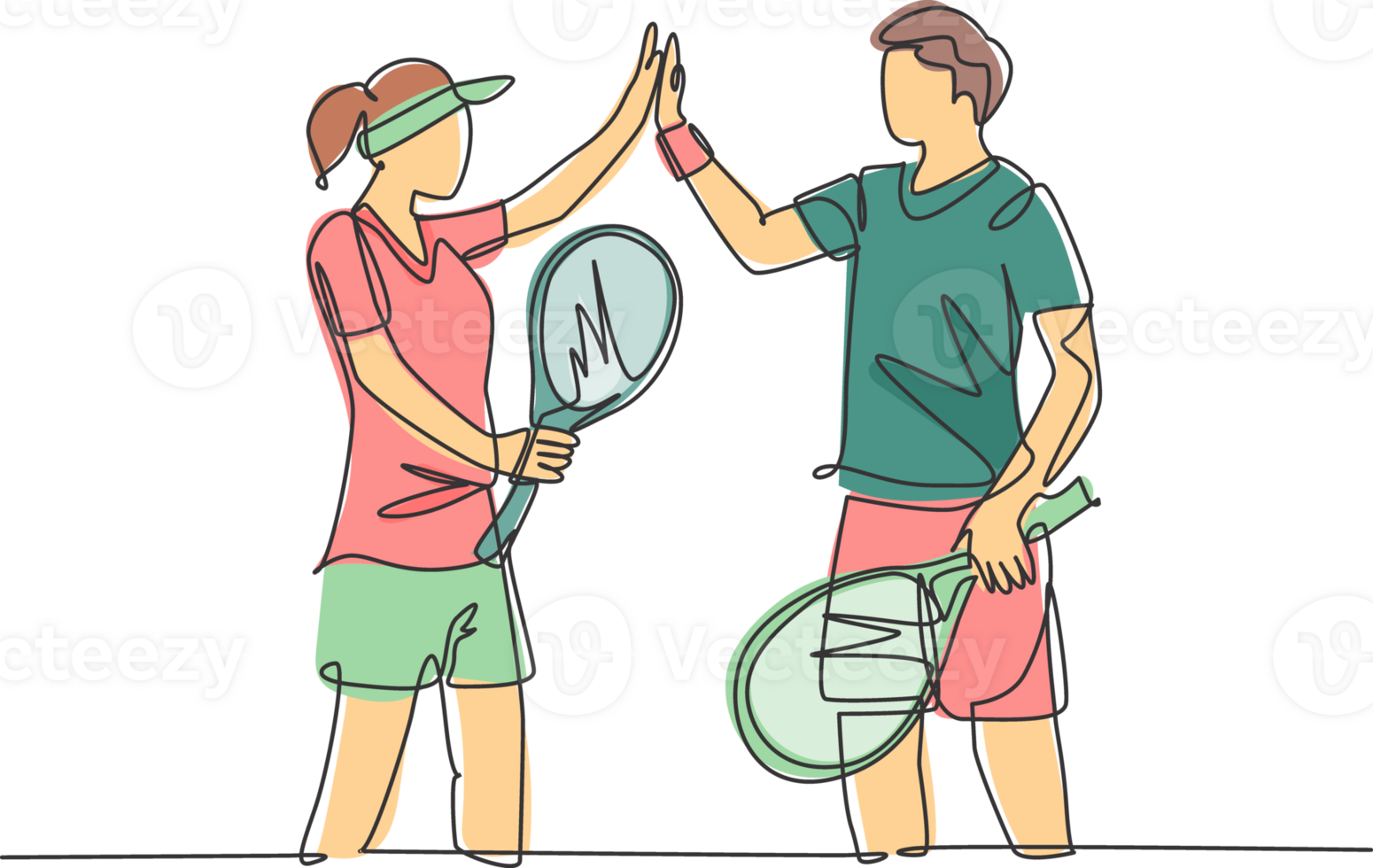 One line drawing of young fun couple male and female playing tennis at grass court together and giving high five gesture. Relationship concept continuous line draw graphic design illustration png