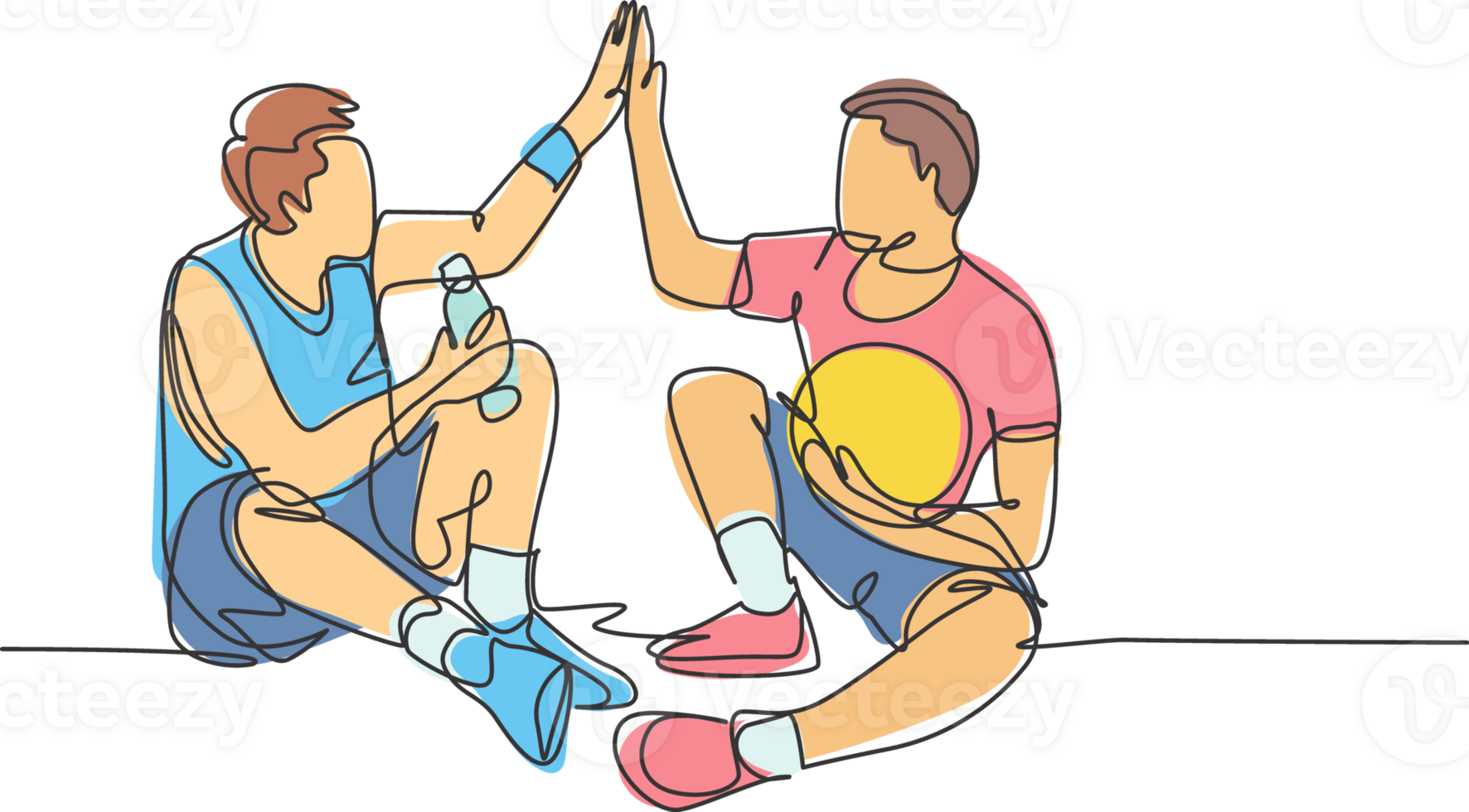 One line drawing of two young happy men take a rest after playing basketball at court and giving high five gesture. Sport game concept continuous line draw graphic design illustration png