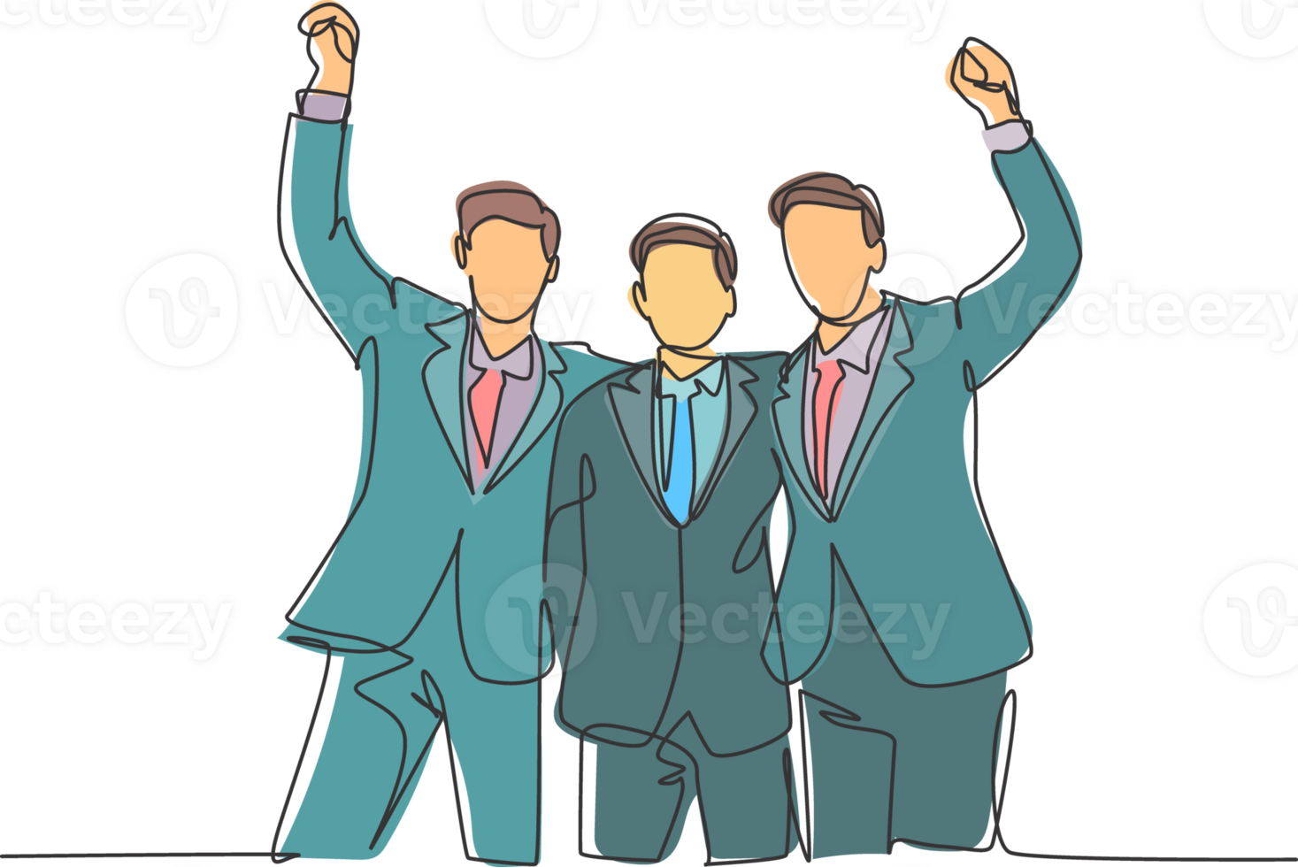 One line drawing of three young happy businessmen celebrating their successive target at the business meeting with high five gesture. Business deal concept continuous line draw design illustration png