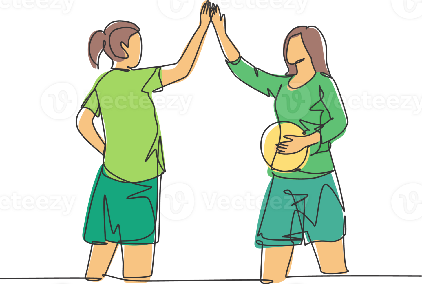 One line drawing of young happy women giving high five gesture before playing basketball at outfield court. Sport game concept continuous line draw graphic design illustration png