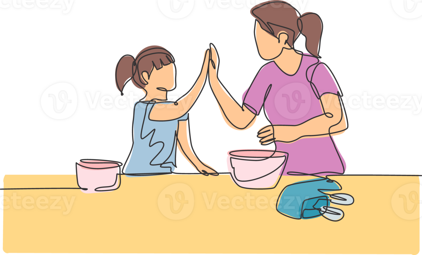 Single line drawing of mother and daughter preparing to cook some cookies at the kitchen and giving high five gesture. Parenting concept continuous line draw design graphic illustration png