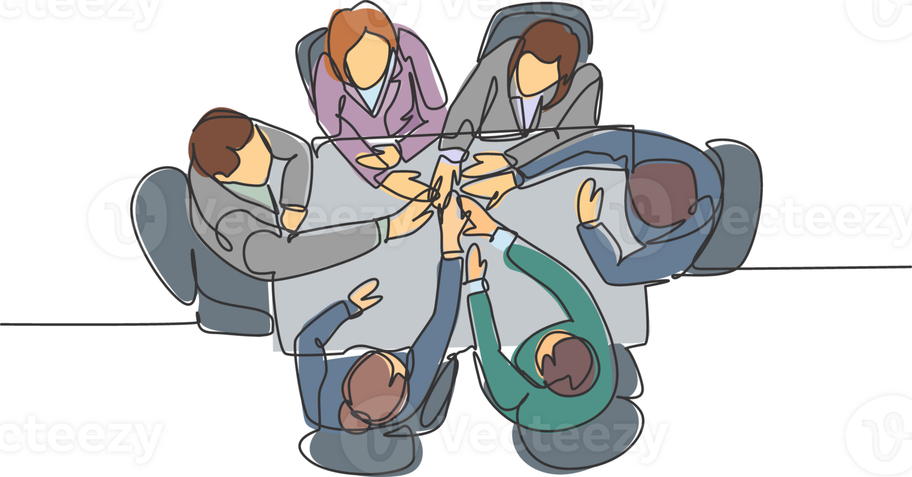 One line drawing group of businessmen and businesswomen celebrating their successive goal at the business meeting with high five gesture. Business deal concept continuous line draw design illustration png