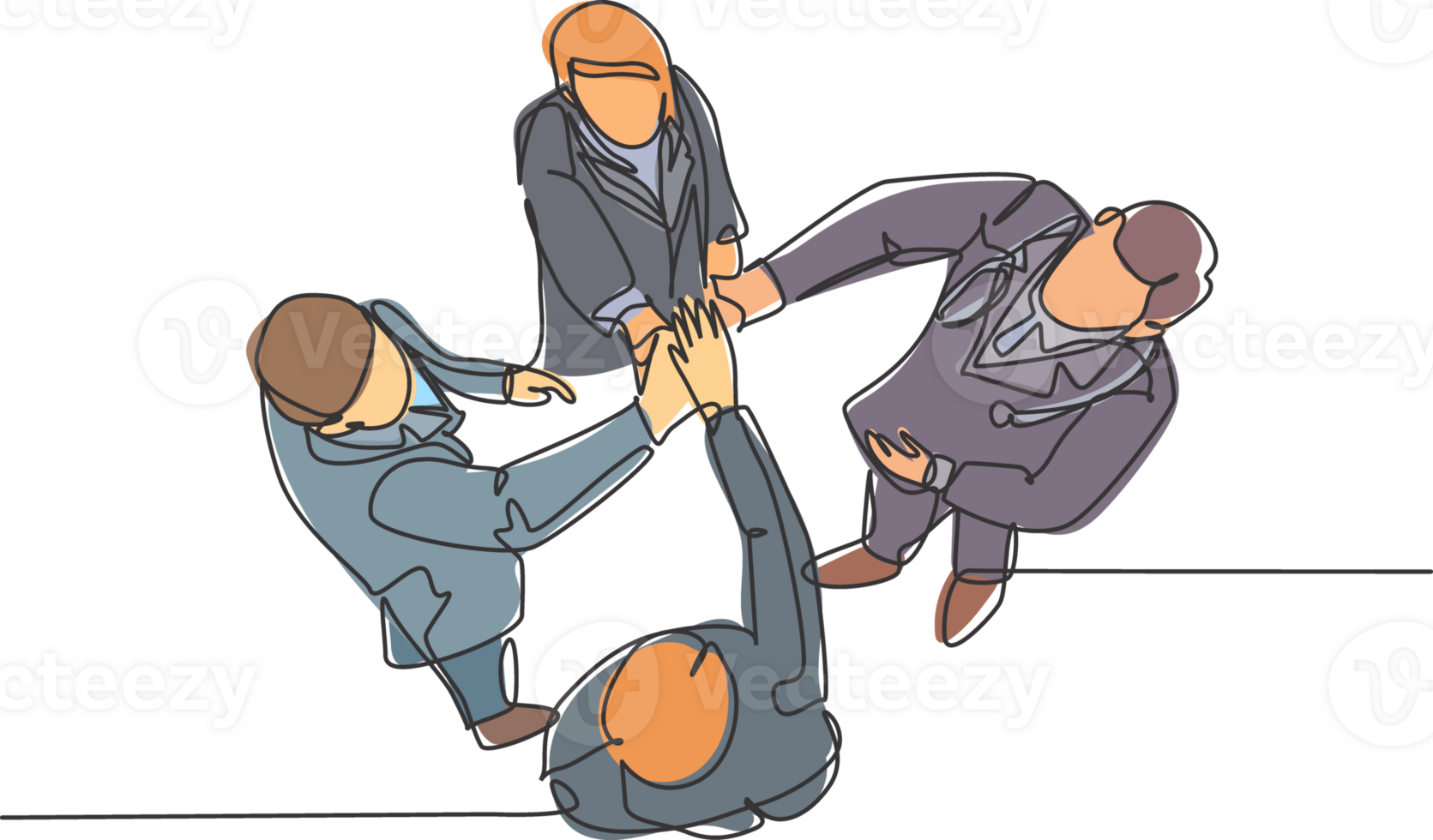 One line drawing group of businessmen and businesswomen celebrating their successive goal at the annual meeting with high five gesture. Business deal concept continuous line draw design illustration png