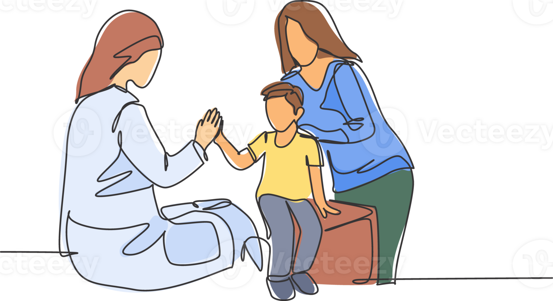 Single line drawing of young happy female doctor checking up sick patient boy and giving high five gesture. Medical healthcare concept. Trendy continuous line draw design graphic illustration png