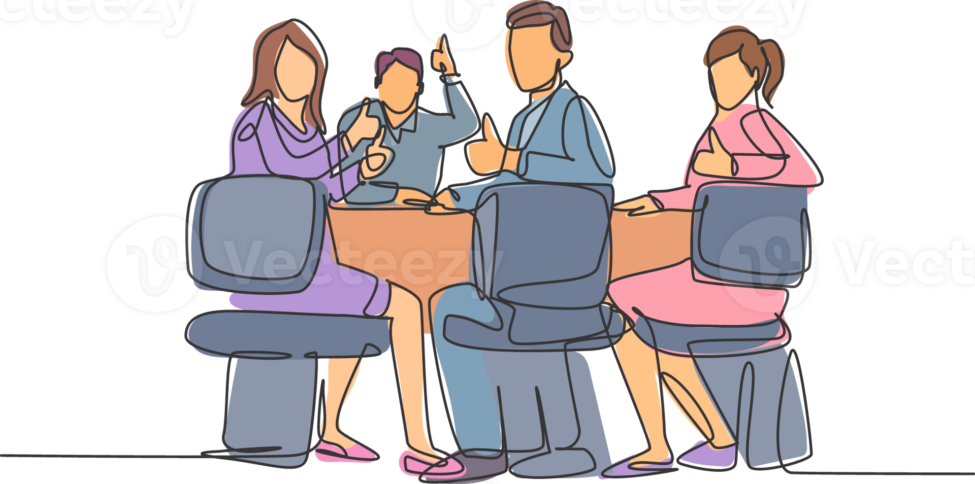 One line drawing of young happy businessmen and businesswoman meeting and giving thumbs up gesture. Business presentation concept. Continuous line draw design illustration png