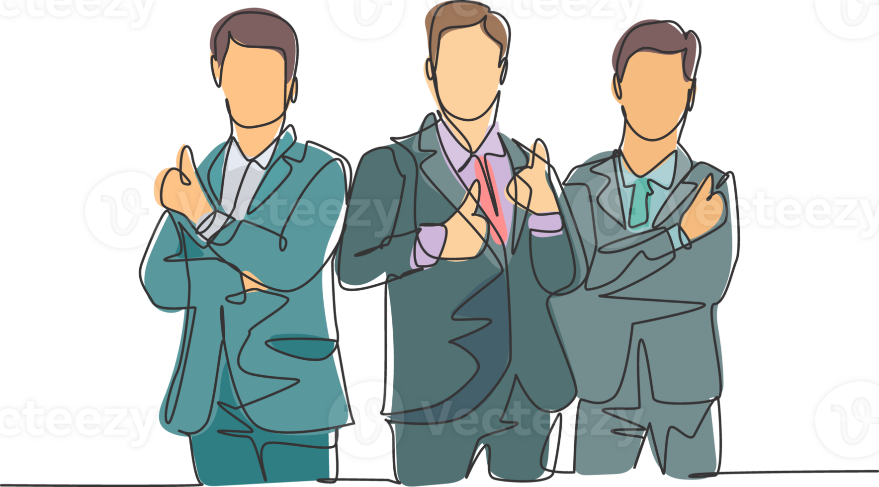 Single line drawing group of young happy businessmen standing together and giving thumbs up gesture. Business owner teamwork concept. Continuous line draw design illustration png