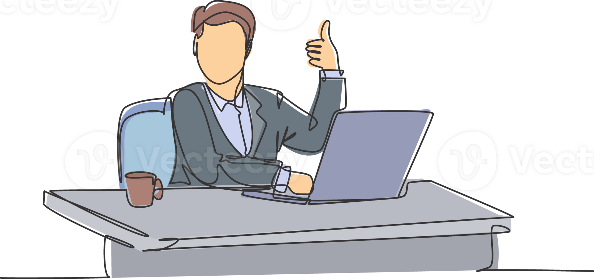 Single line drawing of young businessman sitting on chair in front of laptop and giving thumbs up gesture. Success business manager concept. Continuous line draw design graphic illustration png