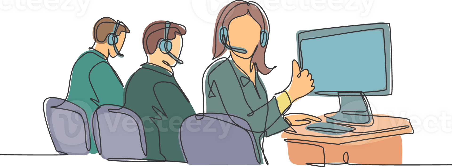 Single line drawing group of young male and female call center workers sitting in front of computer and giving thumbs up gesture. Customer service business concept. Continuous line draw design png