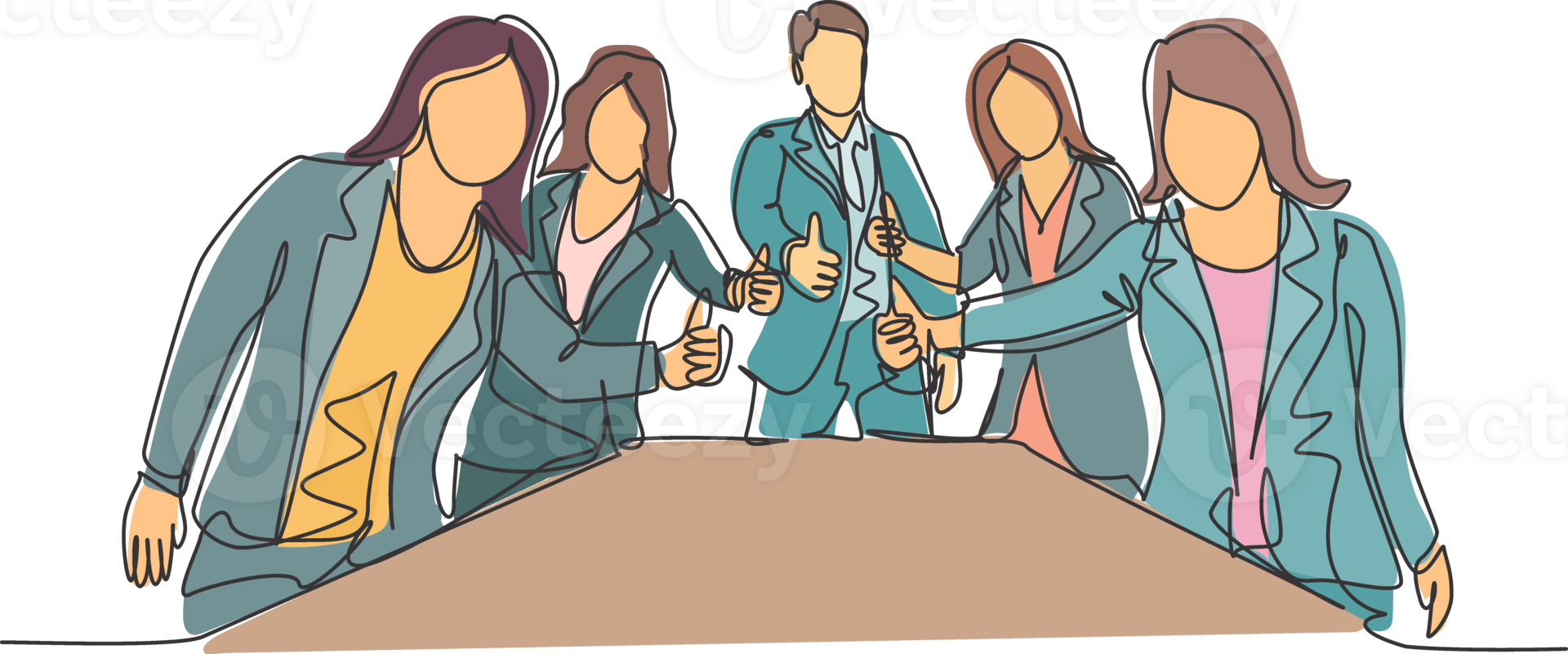 Single line drawing group of young happy businessmen and businesswoman standing up together and giving thumbs up gesture. Business meeting concept. Continuous line draw design illustration png