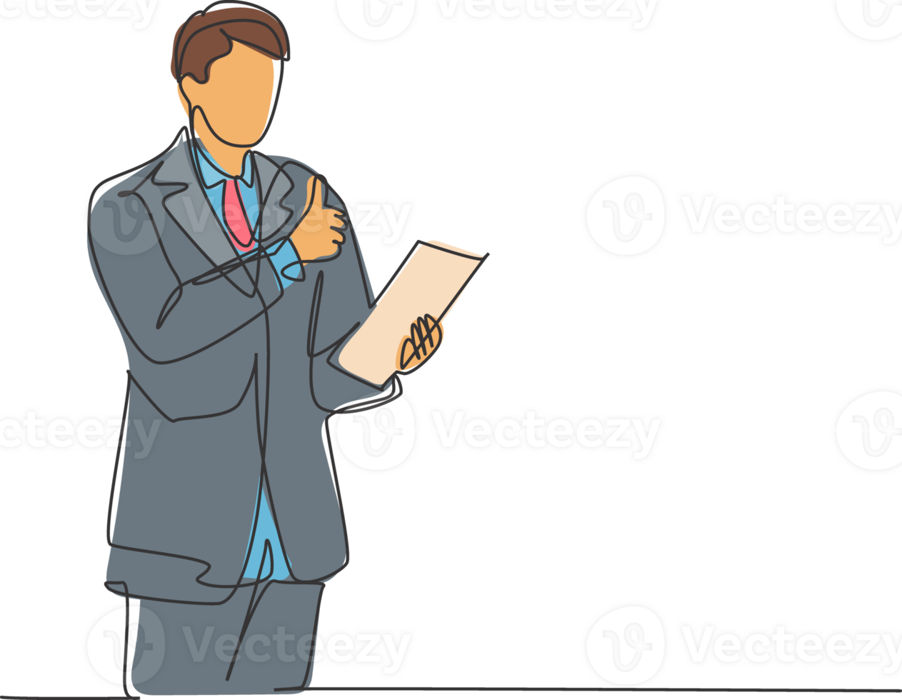 Single line drawing of business man standing up while holding a paper and giving thumbs up gesture. Business presentation concept. Continuous line draw design illustration png