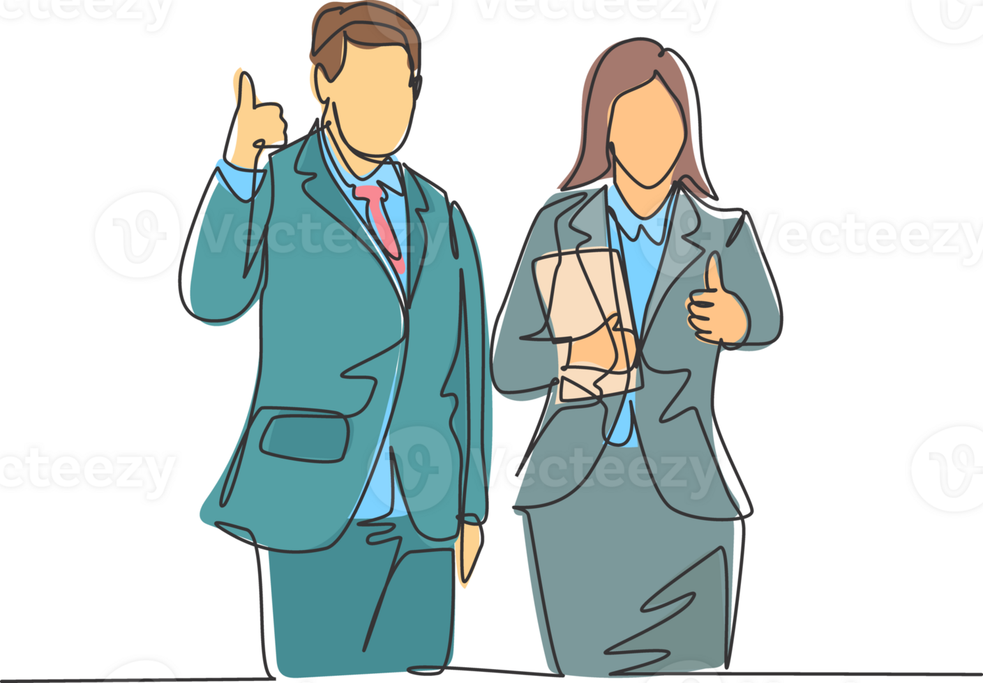 Single line drawing of young happy couple businessman and businesswoman giving thumbs up gesture. Business teamwork concept. Continuous line draw design illustration png