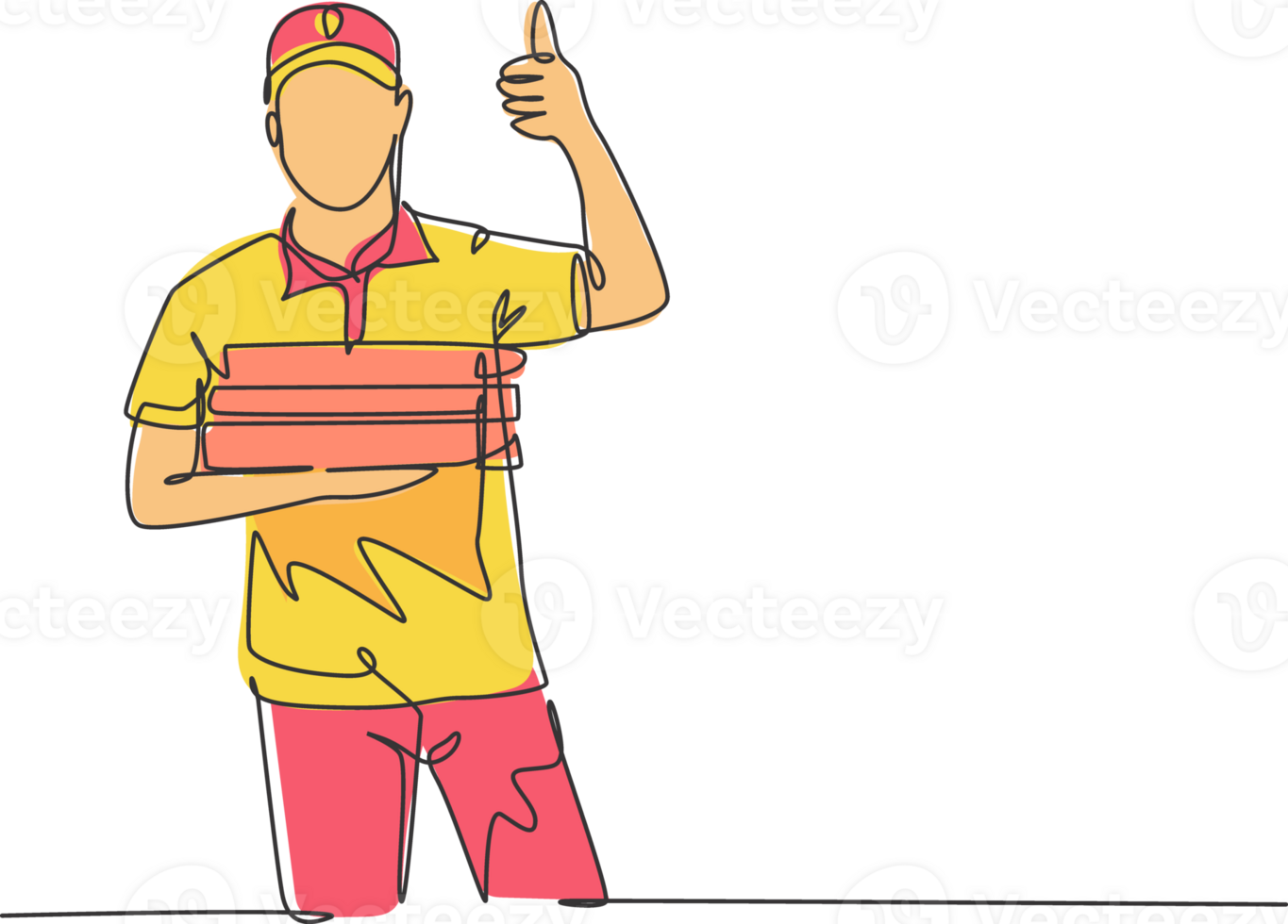 One line drawing of young happy pizza delivery man gives thumbs up gesture before deliver package to customer. Food delivery service business concept. Continuous line draw design illustration png