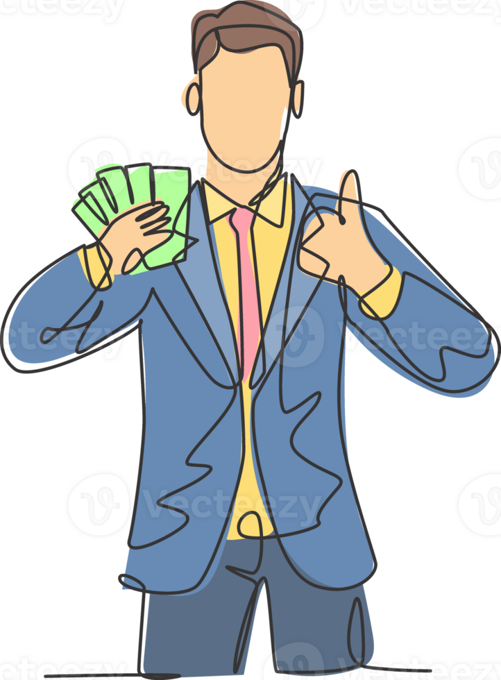 One line drawing of young happy successful businessman show money paper stack and gives thumbs up gesture. Business success concept. Continuous line draw design illustration png
