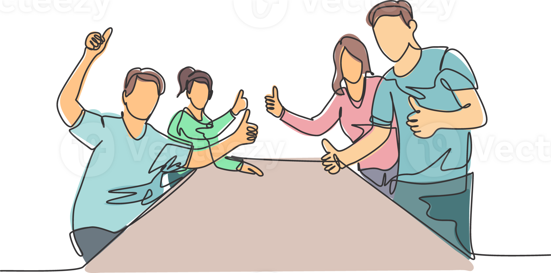 Single line drawing group of young happy businessmen and businesswomen giving thumbs up gesture together. Business meeting concept. Continuous line graphic draw design illustration png
