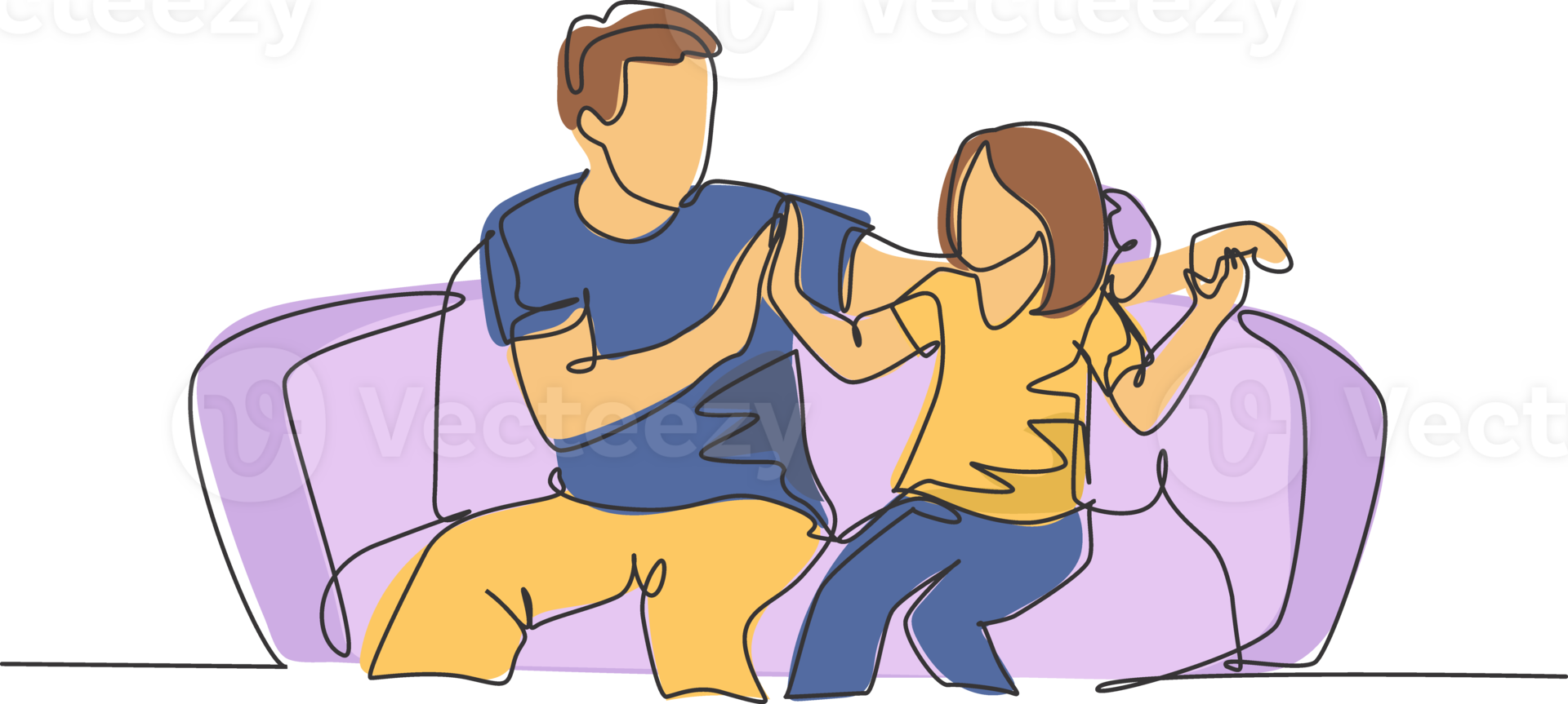 Single line drawing of father and daughter sitting on couch playing console video game together and giving high five gesture. Parenting concept continuous line draw design graphic illustration png