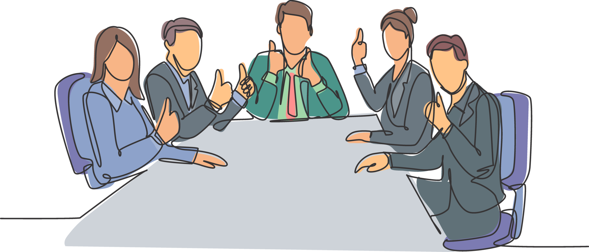 Single line drawing group of young happy businessmen and businesswomen siting on same desk