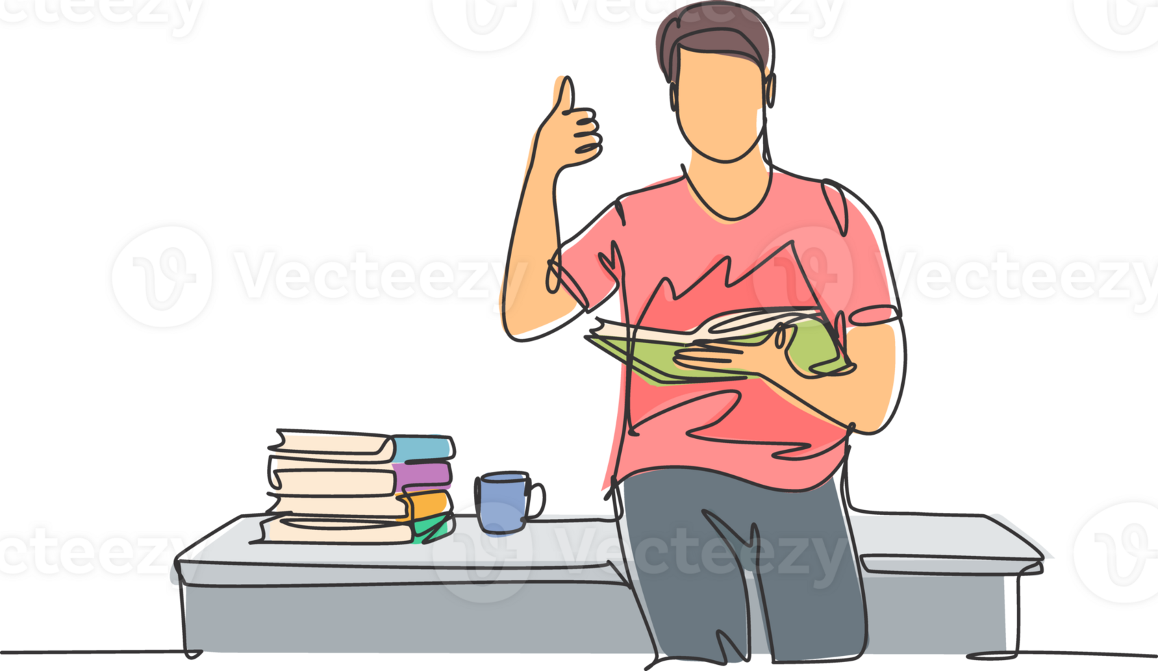 Single line drawing of young happy male college student sitting on the desk beside stack of books on libraryuniversity. Education concept. Continuous line draw design illustration png