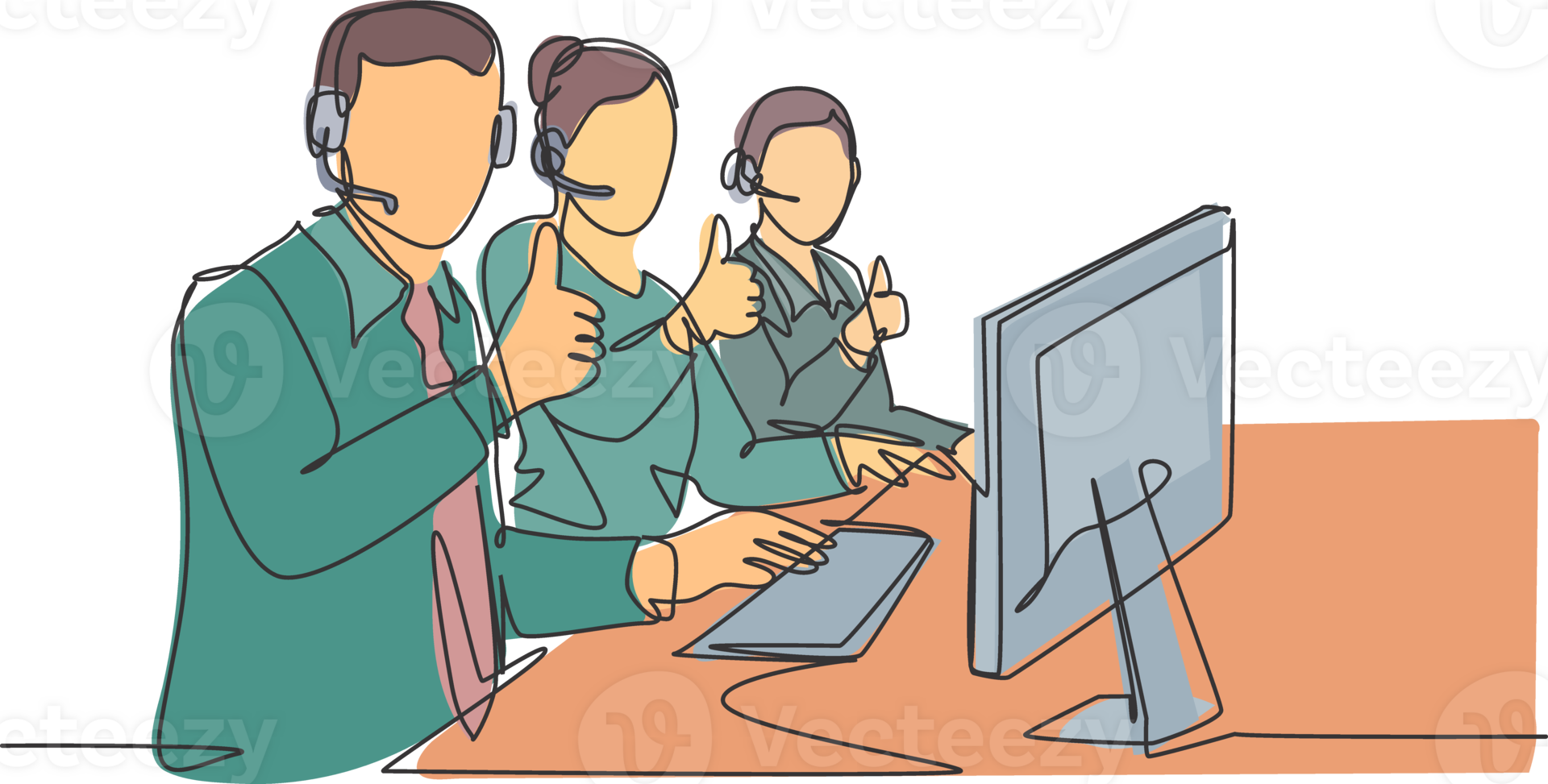 Single line drawing group of young male and female call center workers sitting in front of computer and giving thumbs up gesture. Customer service business concept continuous line draw design png