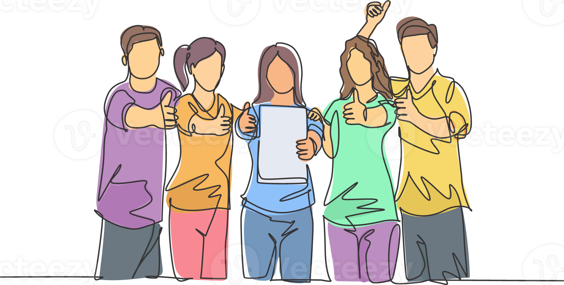 Single line drawing group of young happy entrepreneur show the award certificate and giving thumbs up gesture together. Business achievement concept. Continuous line draw design illustration png