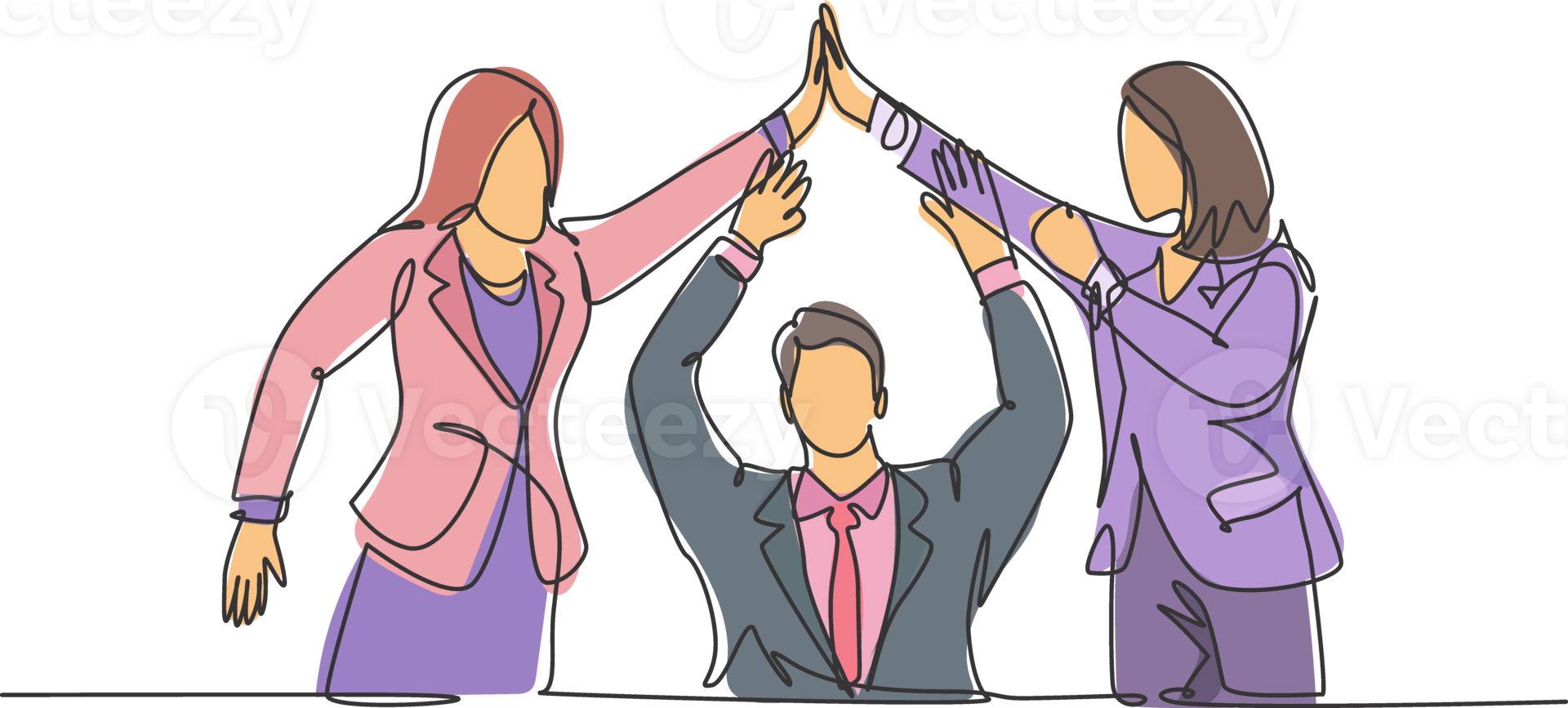 One line drawing group of two young assistant manager celebrating their successive goal with high five gesture. Business deal concept continuous line draw design graphic illustration png