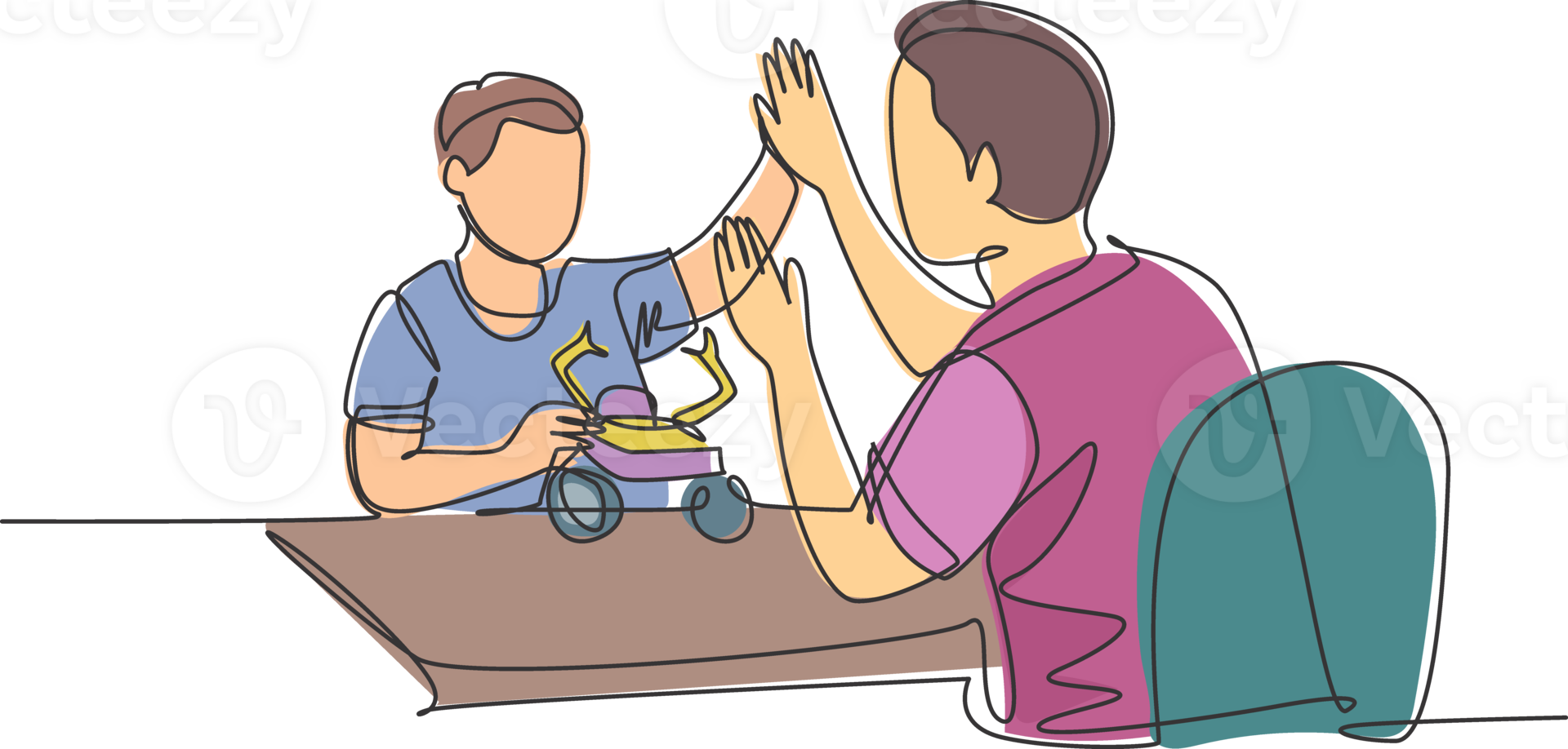 Single line drawing of of father accompany his kid playing a robot action figure model kit and gives high five gesture. Parenting concept continuous line draw design graphic illustration png