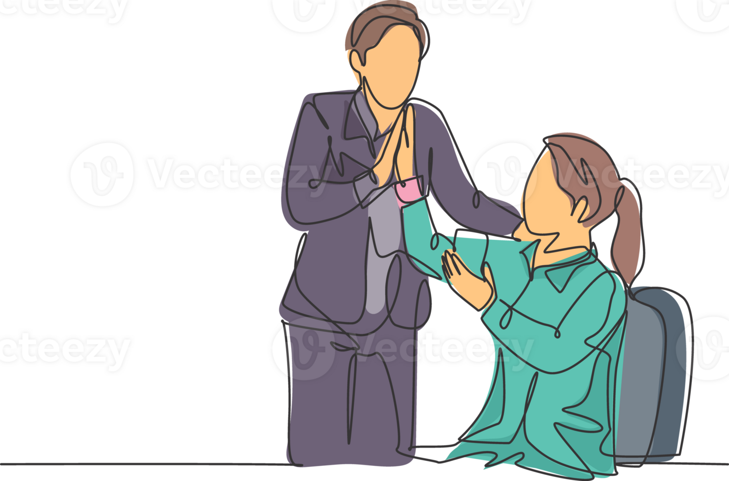 Single line drawing of young happy couple celebrate their success while the woman talking on the phone and give high five gesture. Business deal concept continuous line draw design illustration png